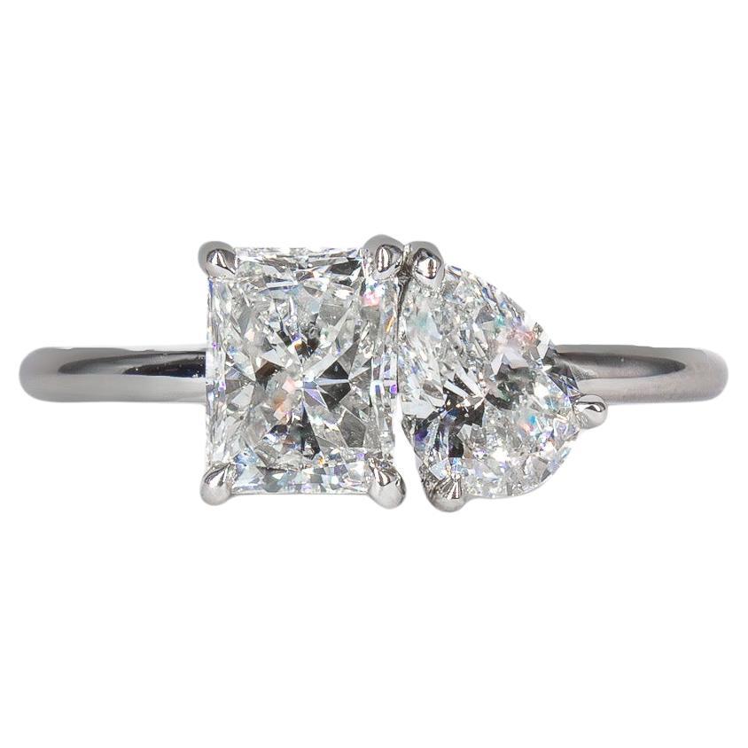 J. Birnbach GIA  .90 Carat Radiant and .51 carat Pear Toi et Moi Diamond Ring For Sale