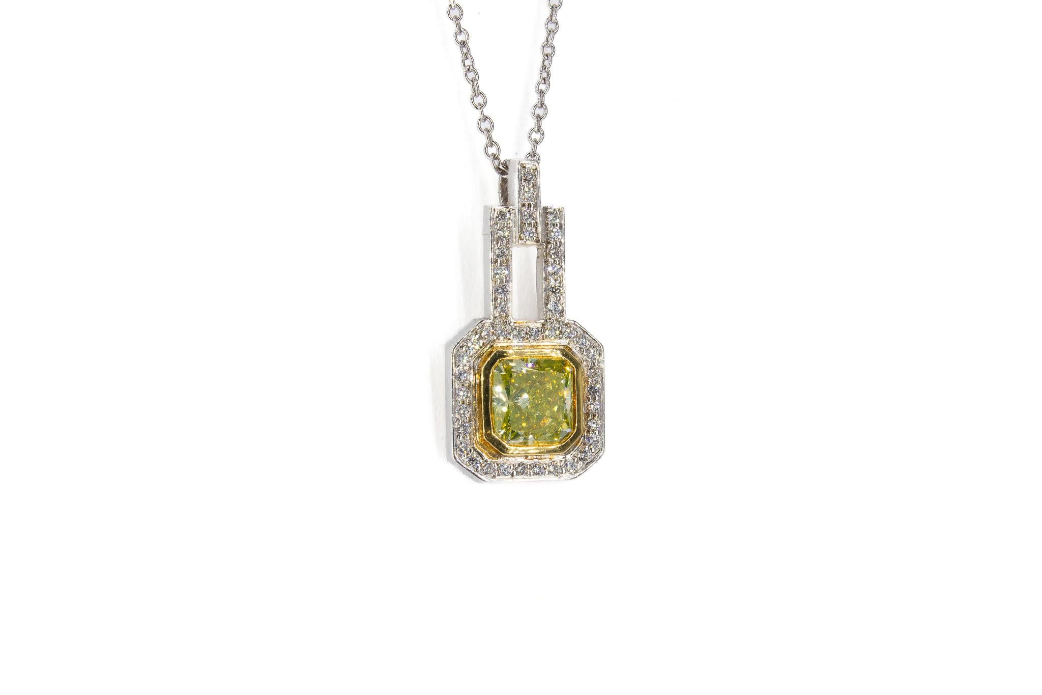Radiant Cut J. Birnbach GIA Certified 0.95 Fancy Intense Yellow Radiant Diamond Necklace For Sale