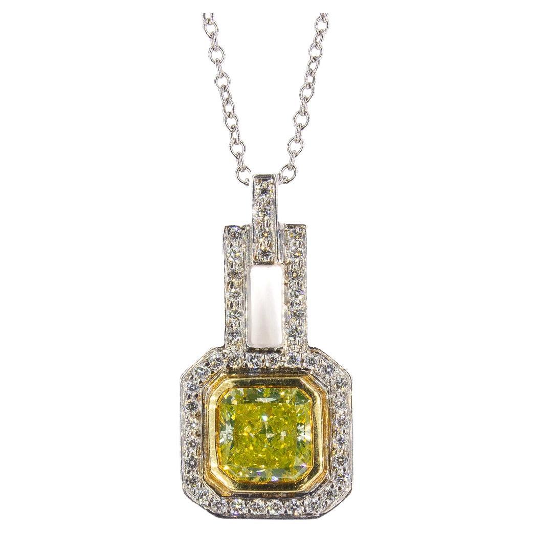 J. Birnbach GIA Certified 0.95 Fancy Intense Yellow Radiant Diamond Necklace For Sale
