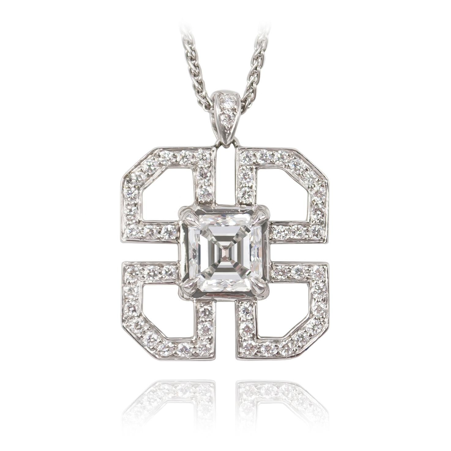 Sleek and sophisticated, this Art Deco inspired necklace by J. Birnbach is a unique piece that can be worn daily or for special occasions. 

This beautiful necklace features a GIA Certified 1.01 carat Asscher cut diamond of H color and SI2 clarity.