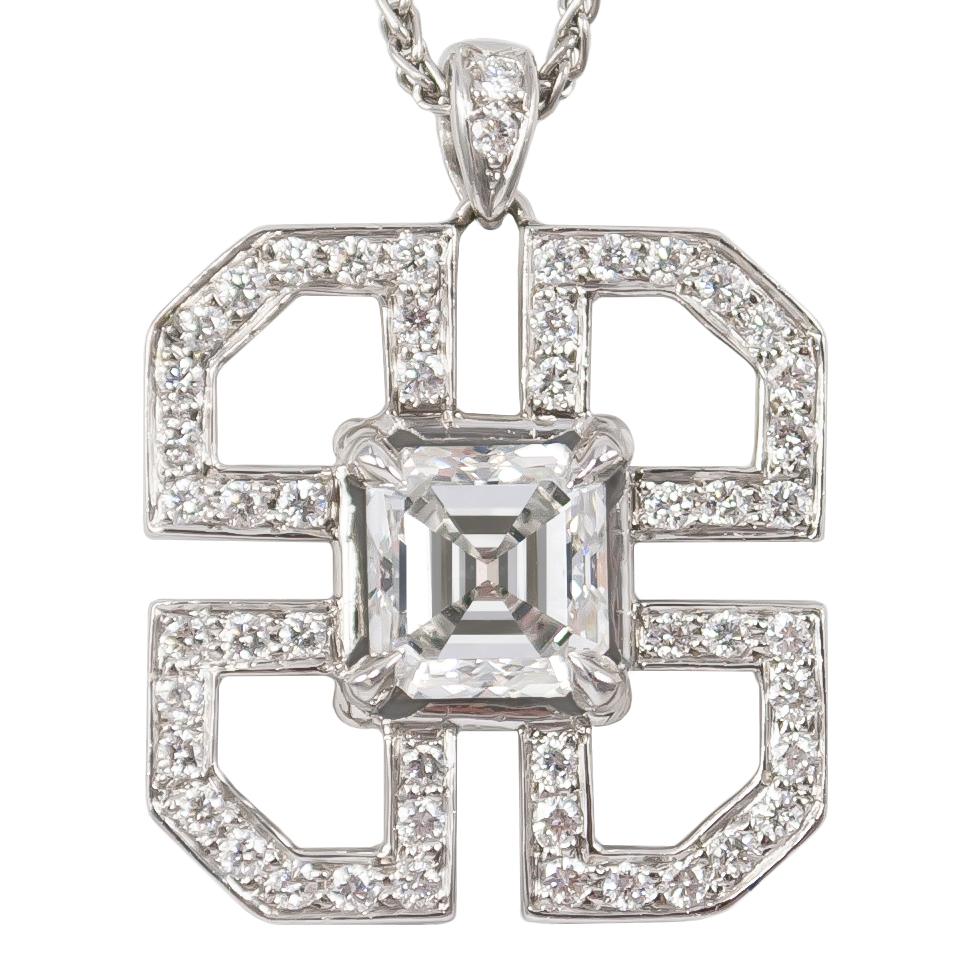 J. Birnbach GIA Certified 1.01 Carat Asscher Cut Diamond Art Deco Style Pendant