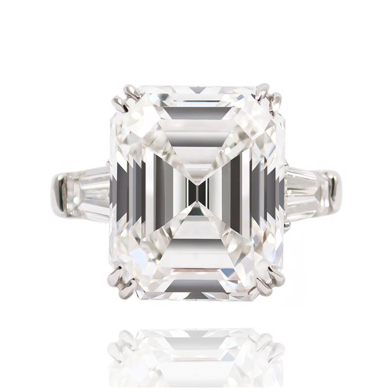 This diamond from the vaults of J. Birnbach is beyond exquisite... Featuring a GIA Certified 10.24 ct Emerald cut diamond of F color and VS1 clarity flanked with tapered baguettes. Set in a handmade platinum mounting, this piece is for the true