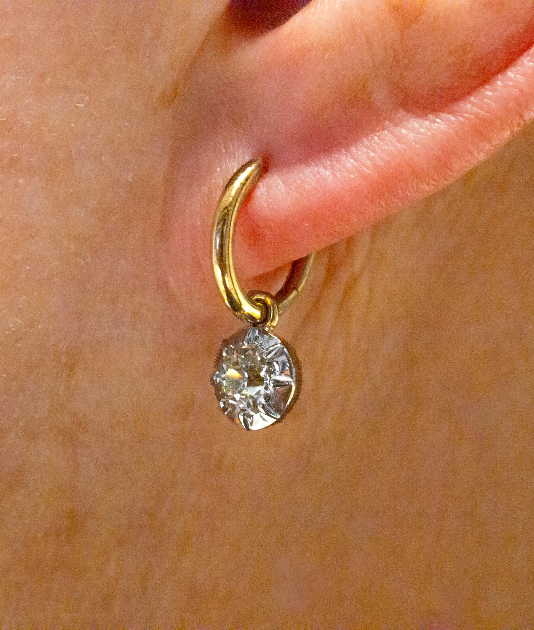 J. Birnbach GIA Certificado 1,07 Quilates Total Antiguo Europeo Diamante Huggie Hoops en venta 1