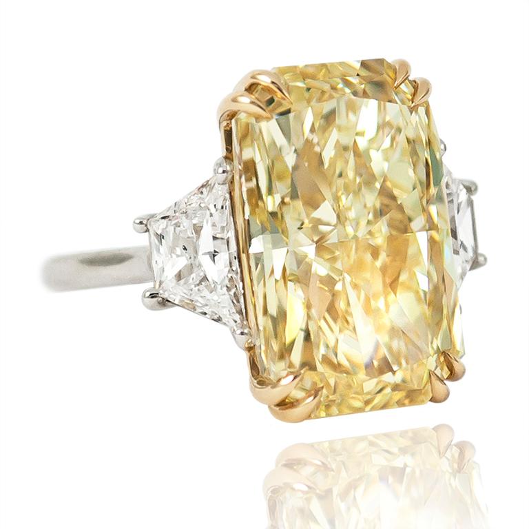 Radiant Cut J. Birnbach GIA Certified 12.26 Fancy Yellow Radiant Diamond Three-Stone Ring