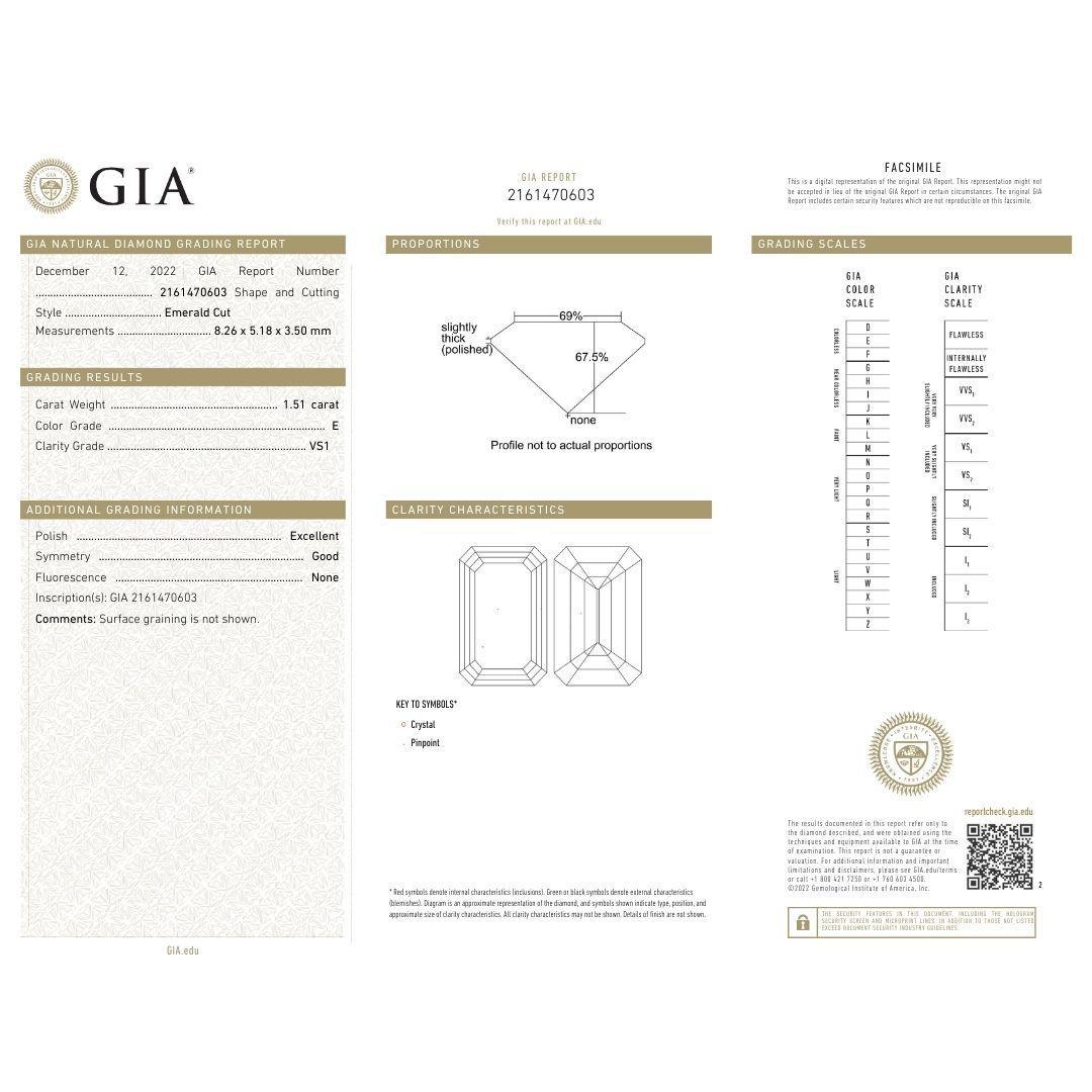 J. Birnbach GIA Certified 1.51 Carat E VS1 Emerald Cut Diamond Three-Stone Ring For Sale 8