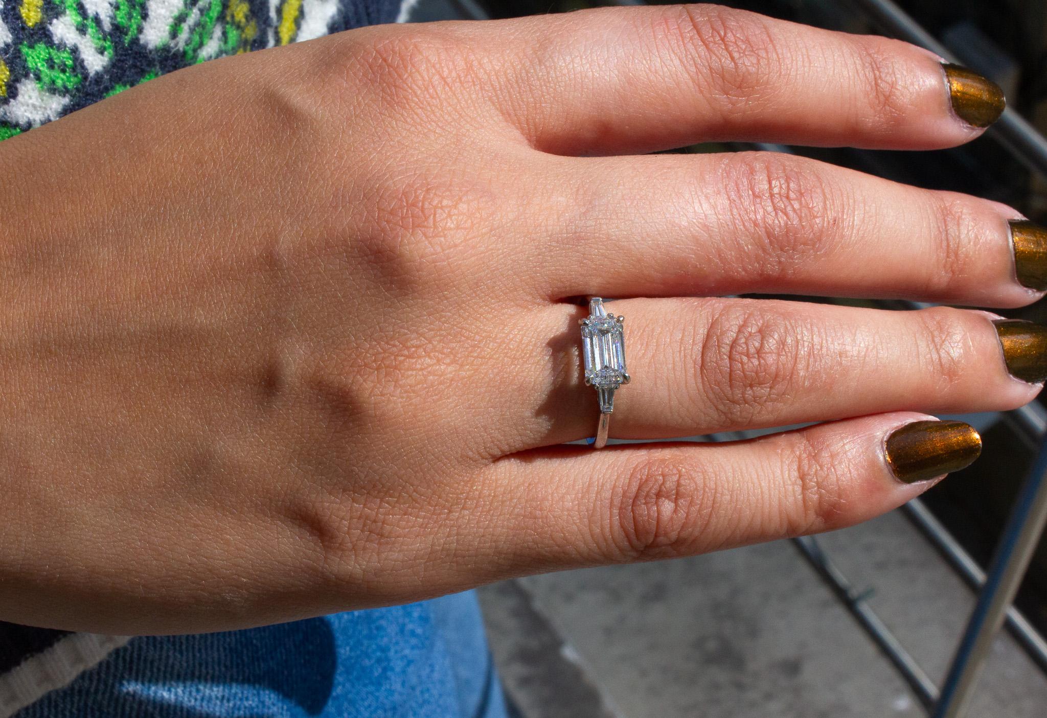 J. Birnbach GIA Certified 1.51 Carat E VS1 Emerald Cut Diamond Three-Stone Ring In New Condition For Sale In New York, NY