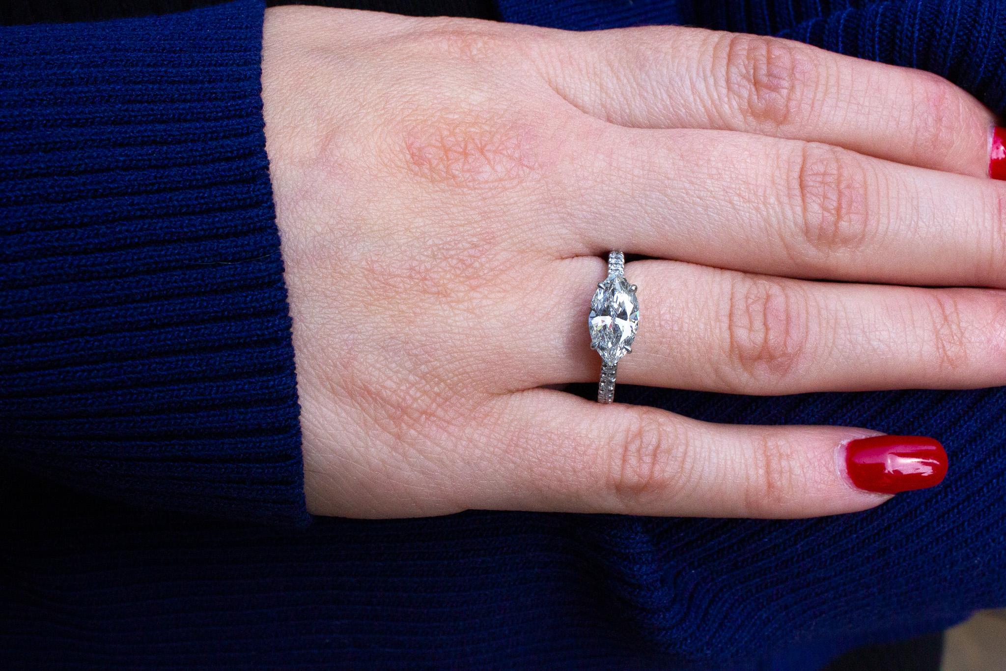 J. Birnbach GIA Certified 1.52 Carat Marquise Diamond East-West Engagement Ring In New Condition For Sale In New York, NY