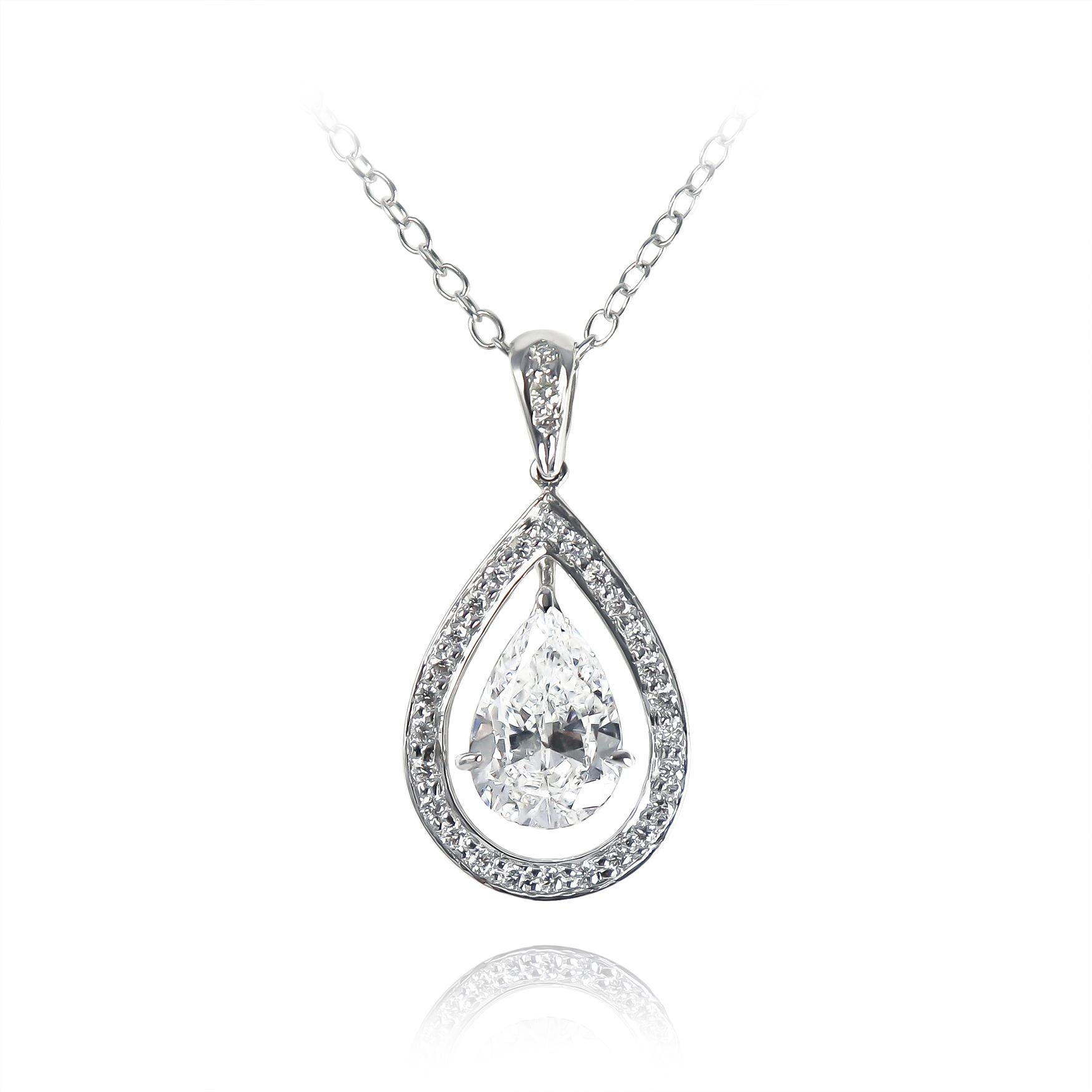 This charming and scintillating piece from the J. Birnbach workshop features a GIA certified 1.52 carat pear shape diamond of D color and I1 clarity set in a handmade, 18K white gold pavé pendant = 0.18 carat total weight. One of the most pleasant