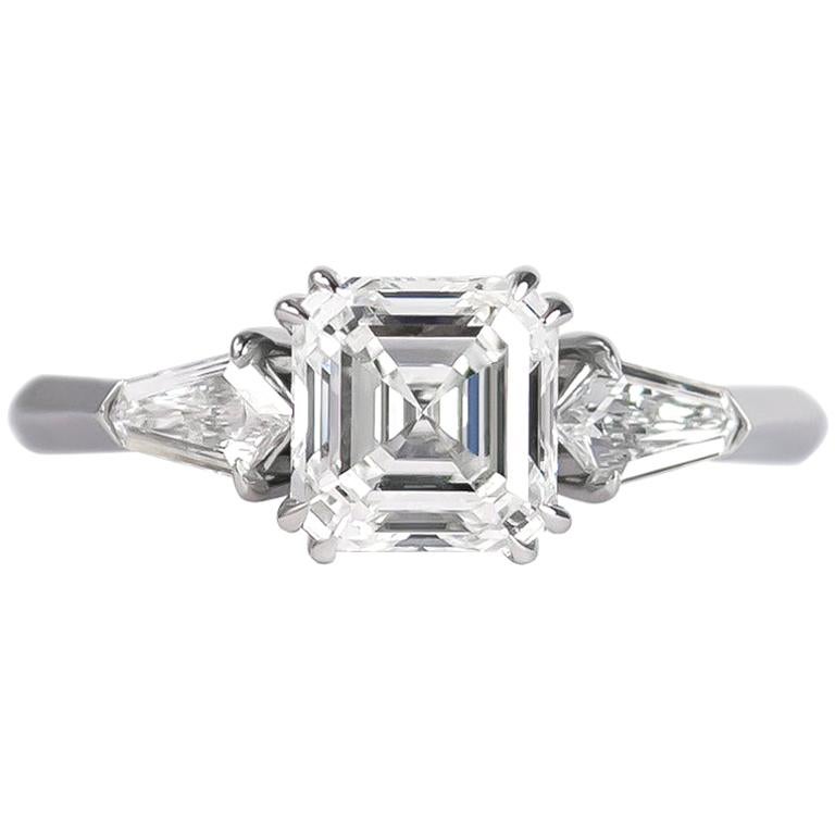 J. Birnbach GIA Certified 1.60 Carat Asscher Cut Diamond Three-Stone Ring For Sale