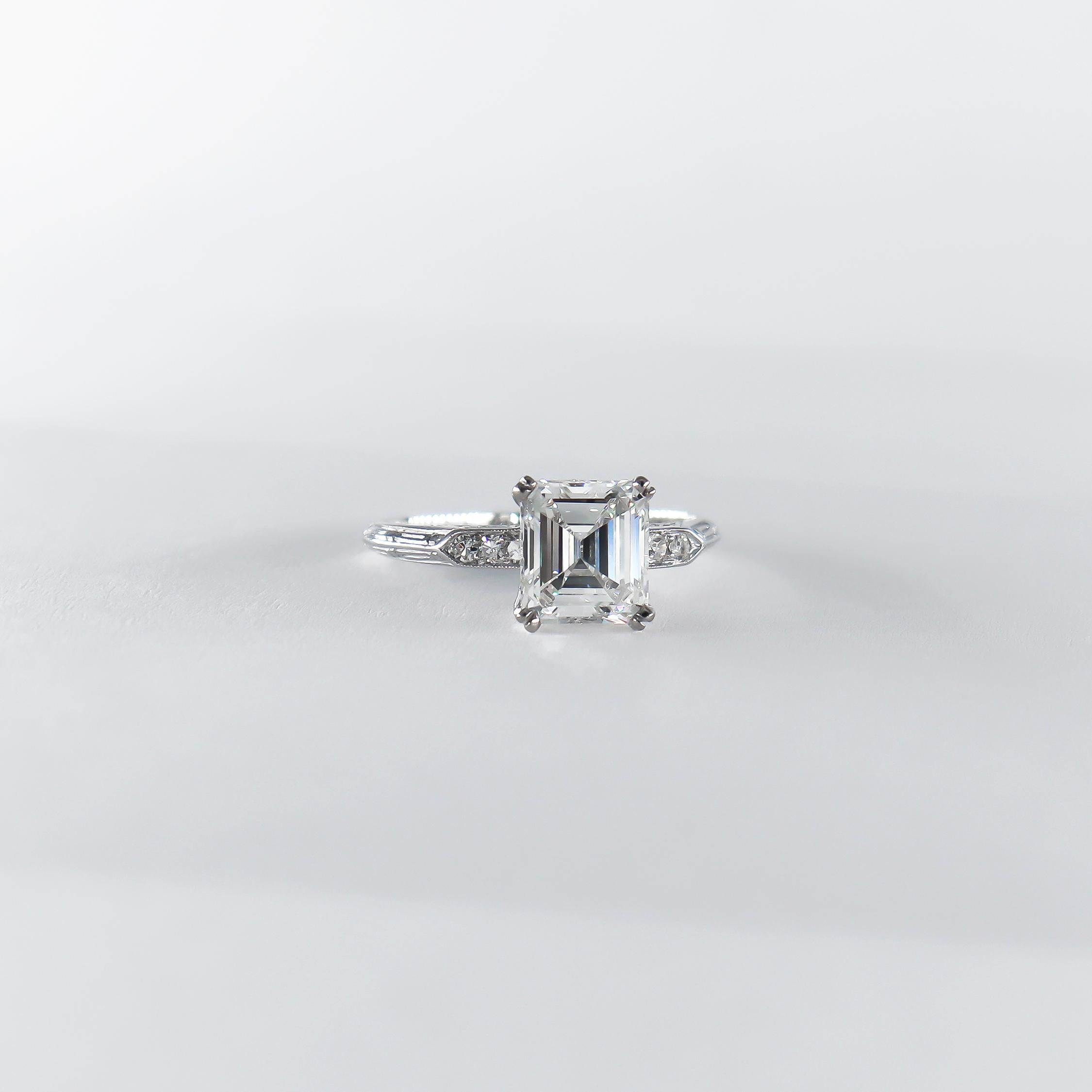 Art Deco J. Birnbach GIA Certified 1.73 Carat G VS2 Emerald Cut Diamond Ring 