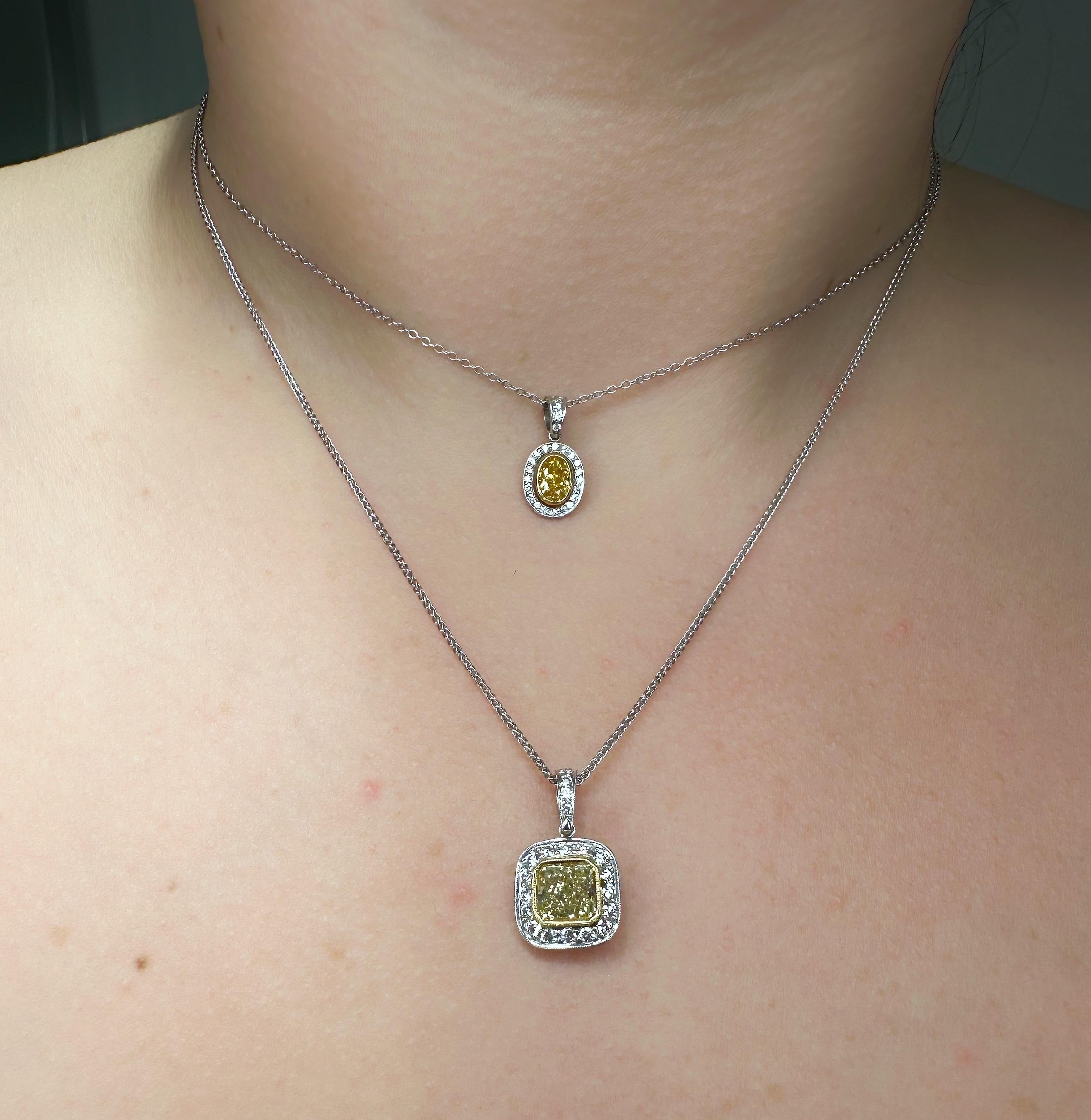 Radiant Cut J. Birnbach GIA Certified 1.78 Carat Fancy Yellow Radiant Diamond Necklace For Sale
