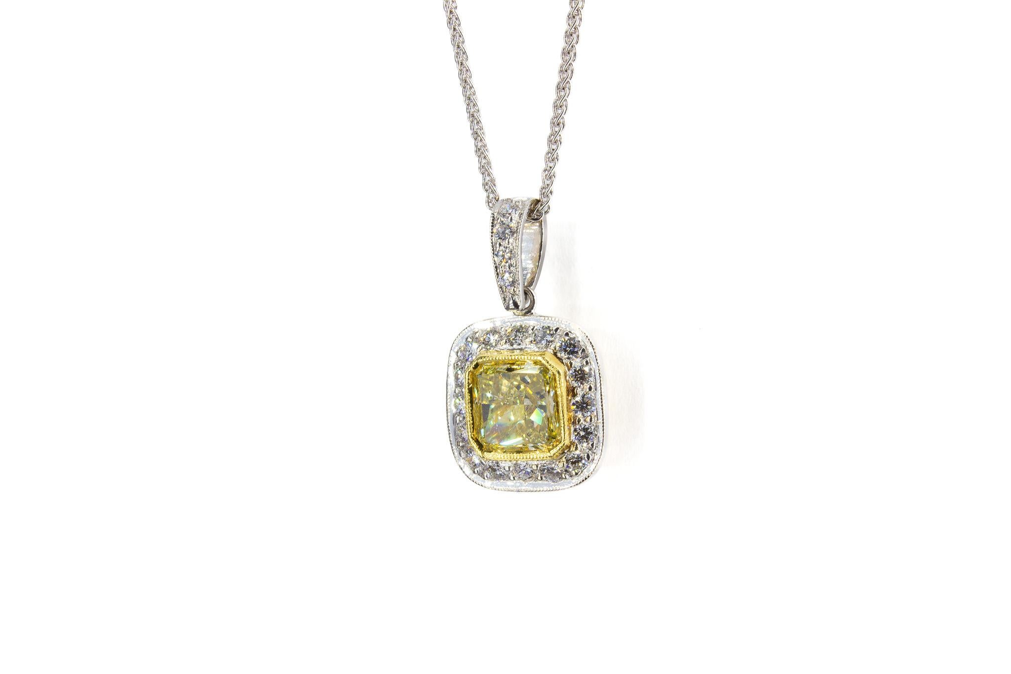 Contemporary J. Birnbach GIA Certified 1.78 Carat Fancy Yellow Radiant Diamond Necklace For Sale