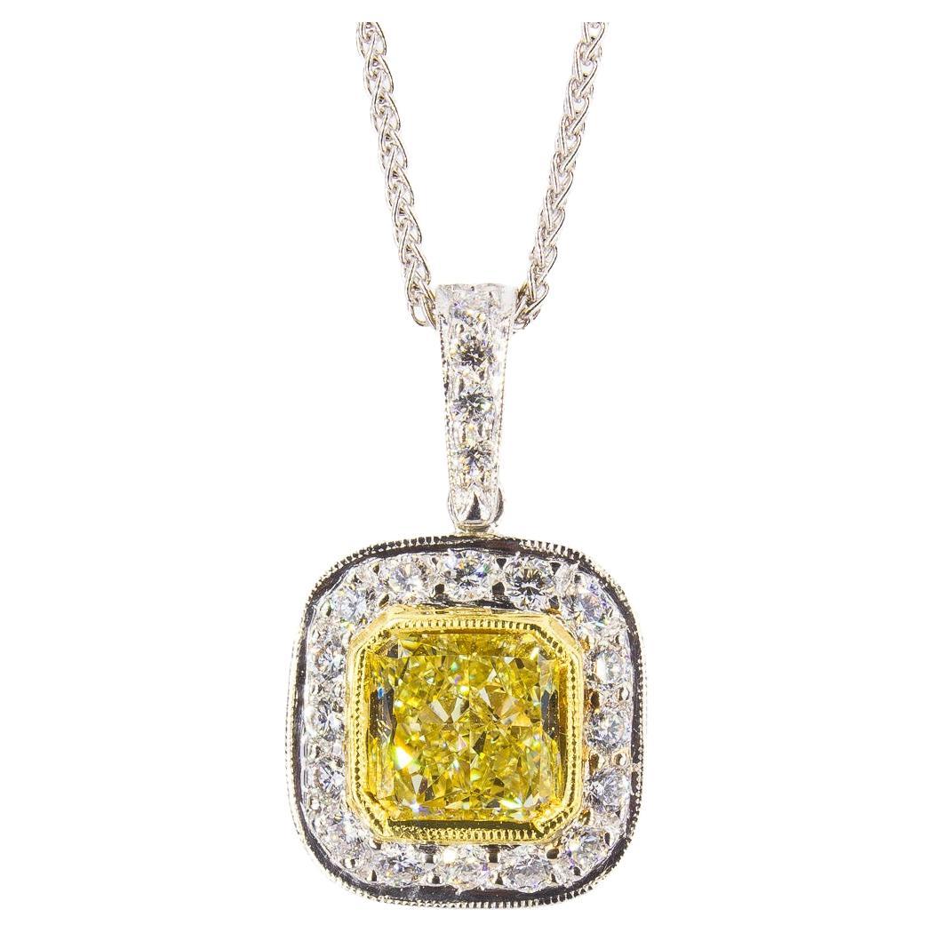 J. Birnbach GIA Certified 1.78 Carat Fancy Yellow Radiant Diamond Necklace
