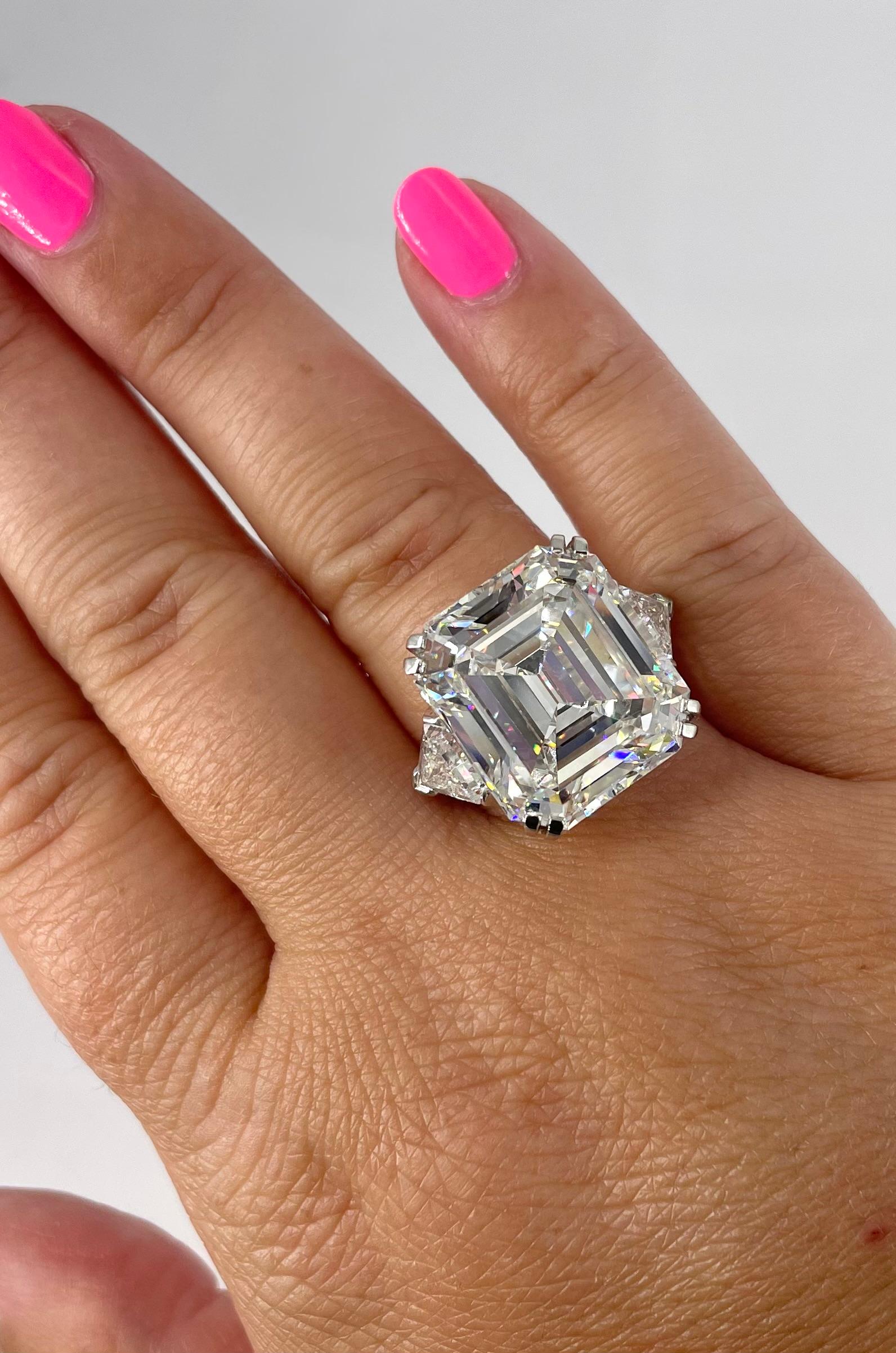 This important piece from the J. Birnbach vault is a ring to be passed down for generations. Featuring an exceptional 18.04 carat emerald cut diamond, this is a timeless piece celebrating the beauty of the stone. The center diamond is certified by