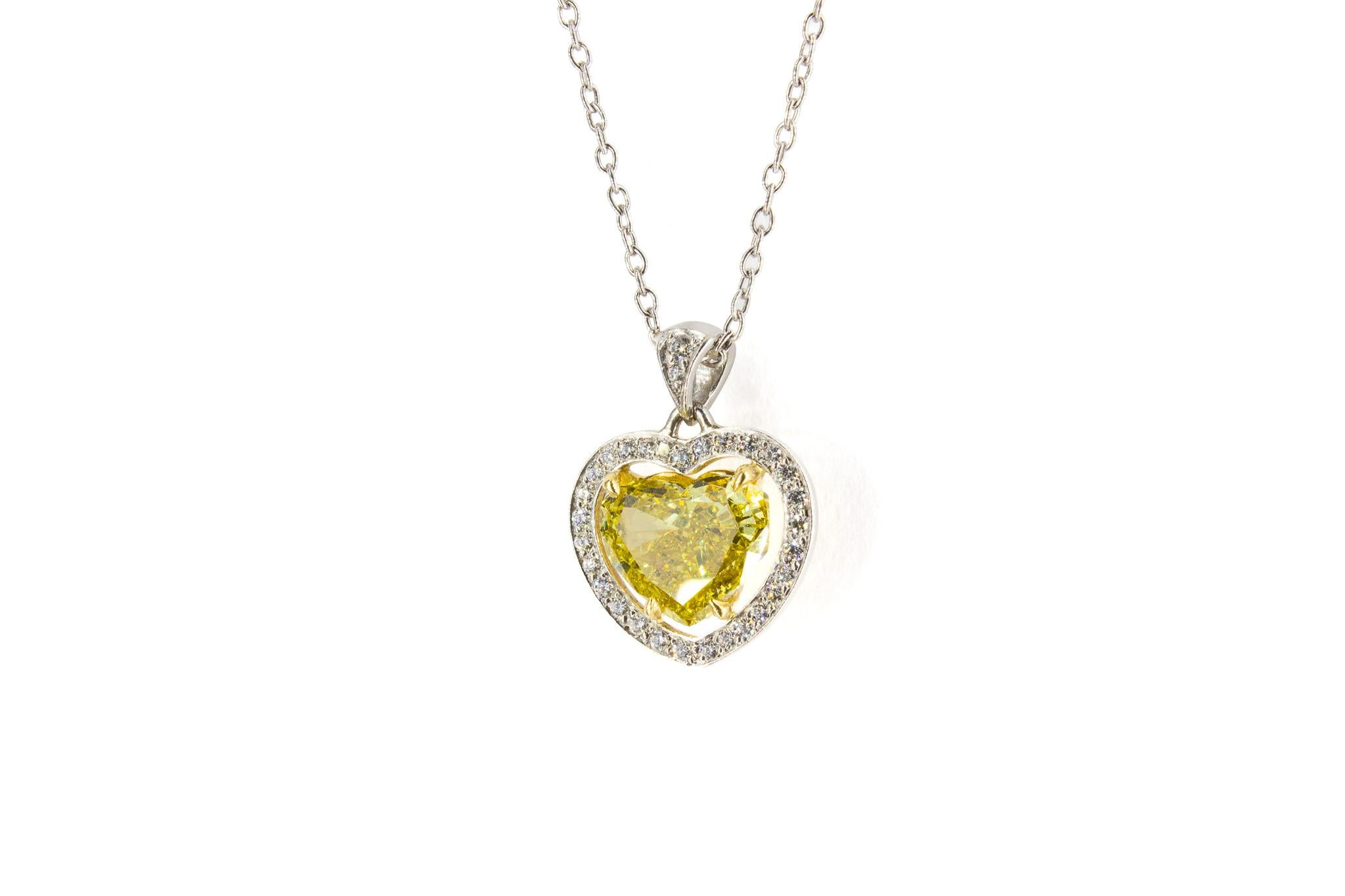 Heart Cut J. Birnbach GIA Certified 1.82 Carat Fancy Yellow Heart Shape Diamond Necklace For Sale