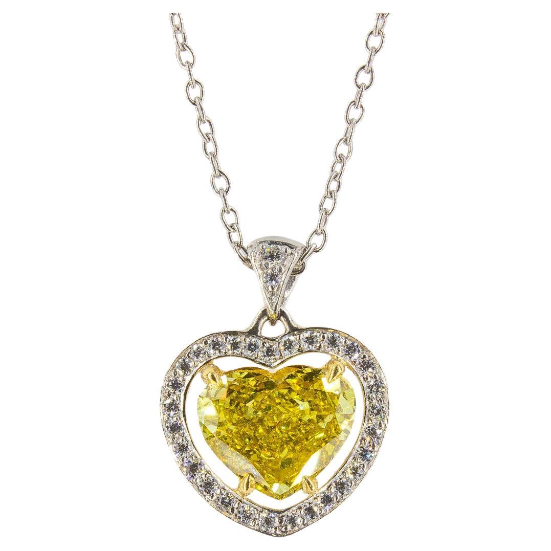 J. Birnbach GIA Certified 1.82 Carat Fancy Yellow Heart Shape Diamond Necklace