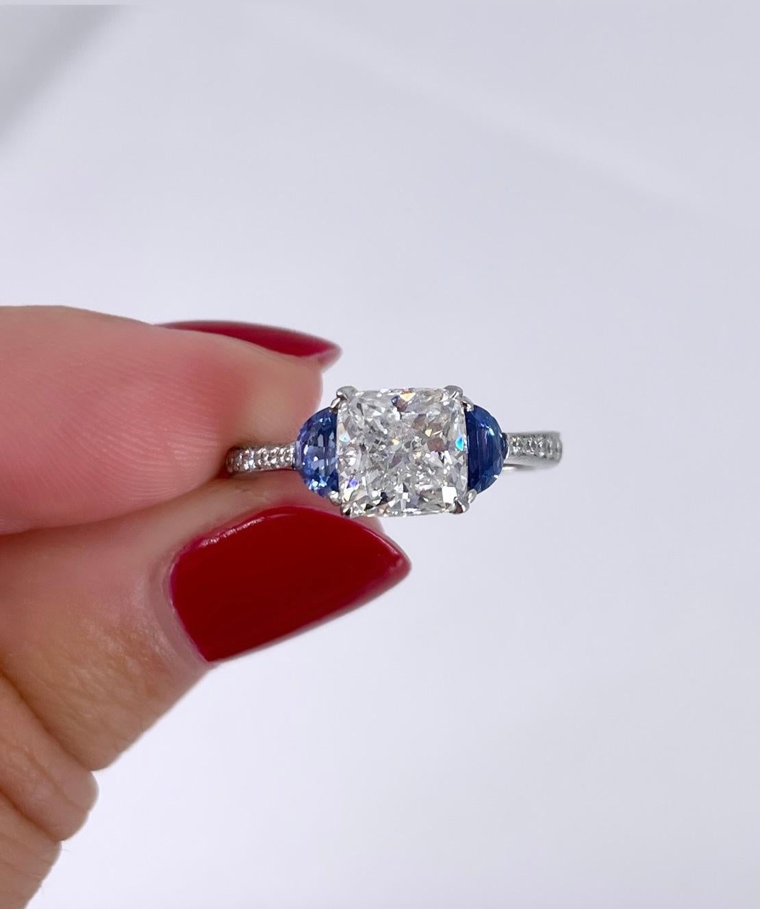 J. Birnbach GIA 1.84 carat FVS1 Cushion Diamond and Sapphire Three-Stone Ring In New Condition For Sale In New York, NY