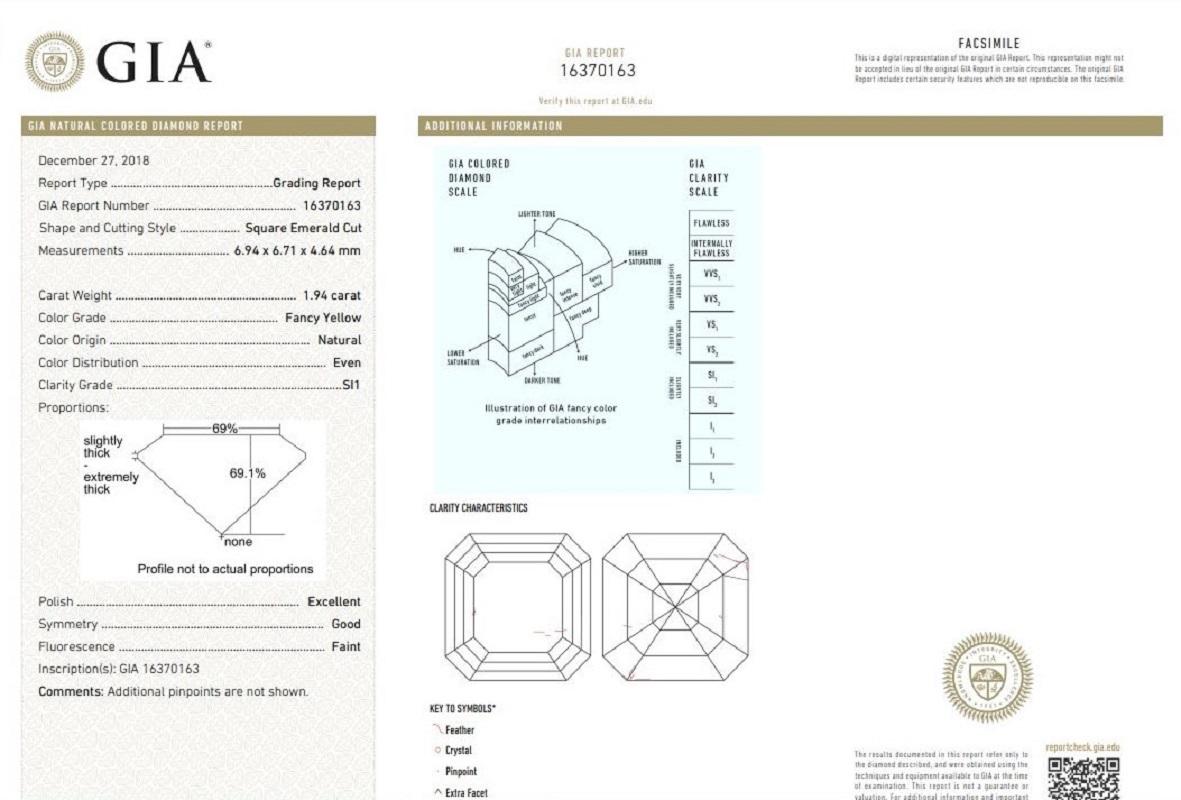 Women's J. Birnbach GIA Certified 1.94 carat Fancy Yellow Asscher Cut Diamond Ring For Sale