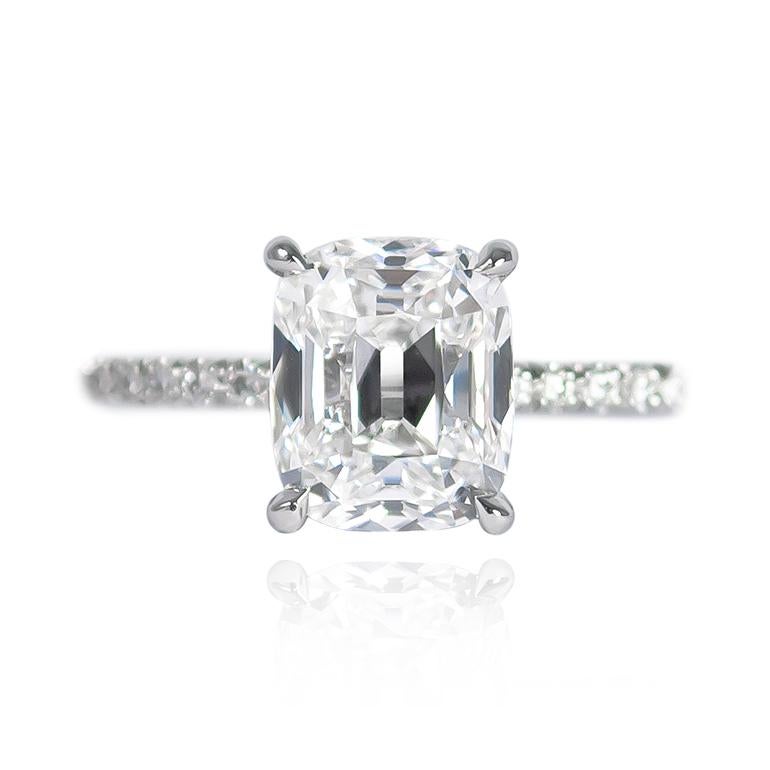 This beautifully scintillating ring fresh from the J. Birnbach workshop features a 2.03 carat Cushion Brilliant diamond of D color and SI1 clarity (a incredibly coveted combination!) Set in a handmade, platinum ring with 24 brilliant round diamonds