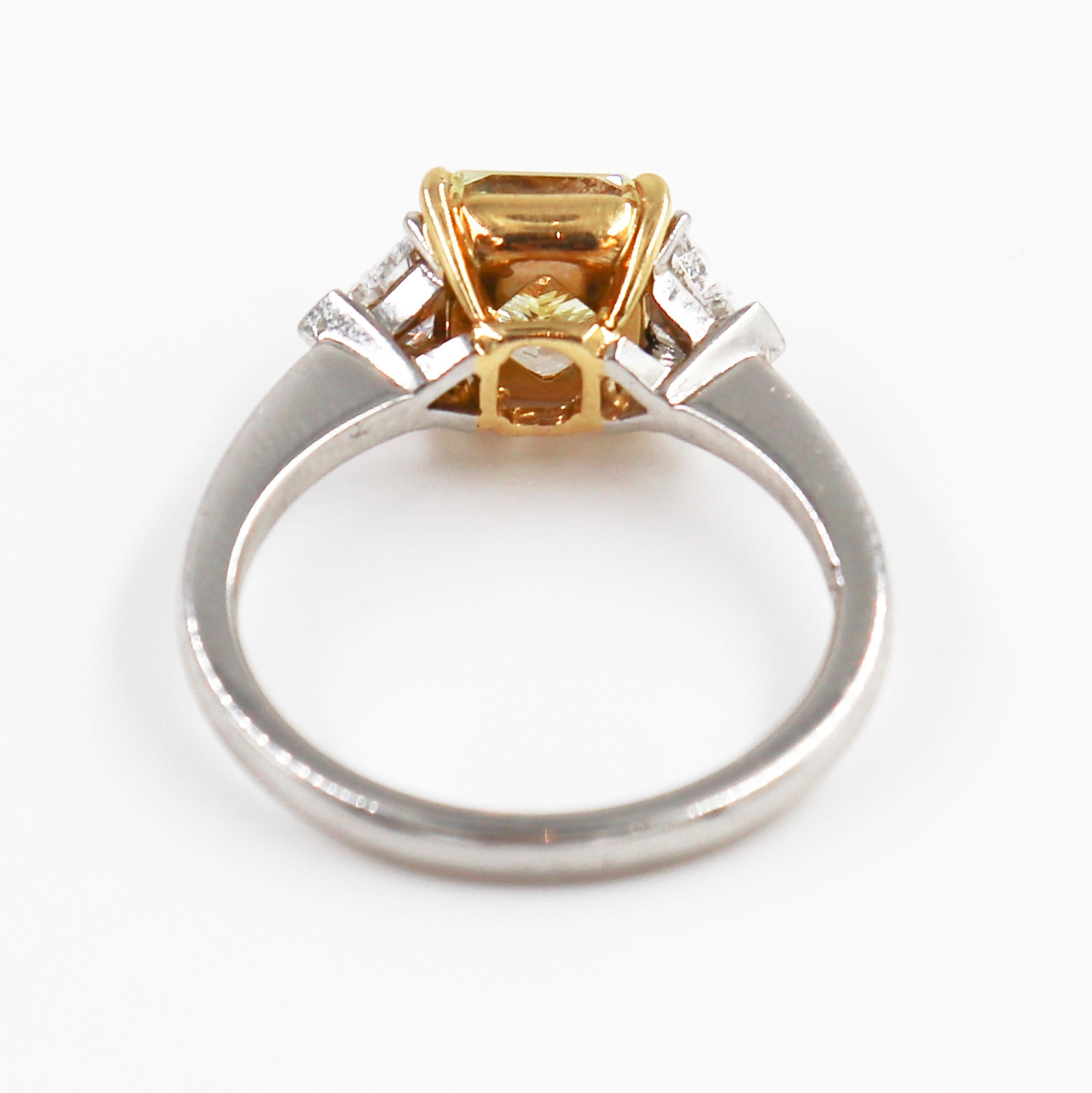 Modern J. Birnbach GIA Certified 2.03 ct Fancy Yellow Radiant Diamond Three Stone Ring For Sale