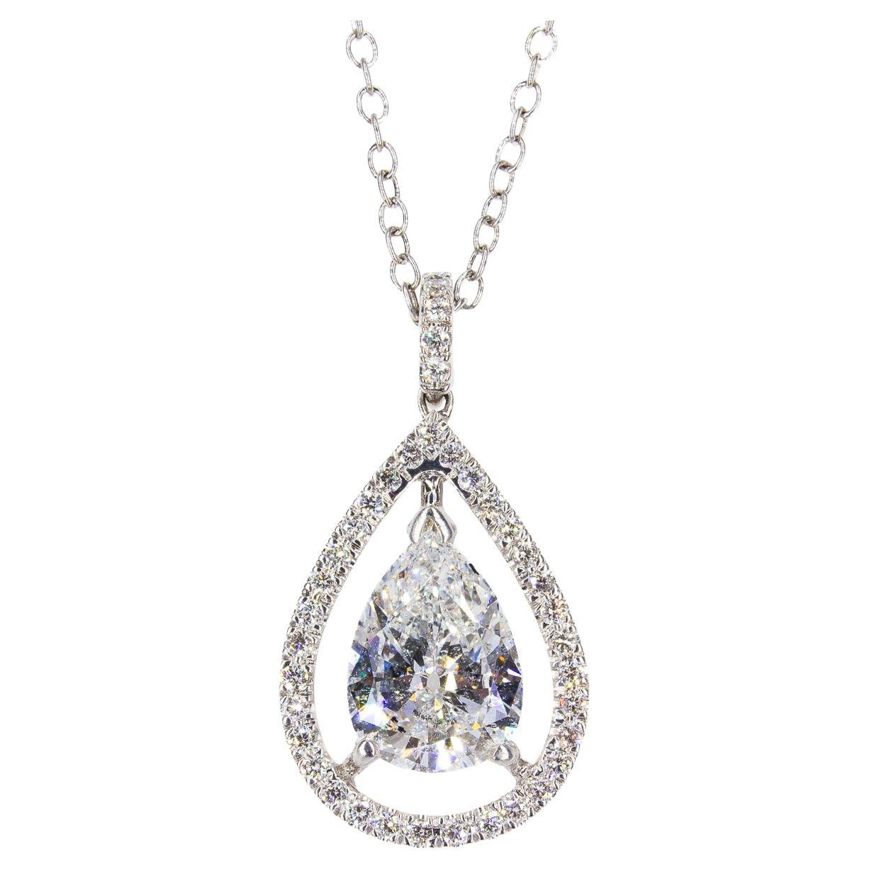 J. Birnbach GIA Certified 2.03 Carat Pear Shape Diamond Halo Pendant Necklace