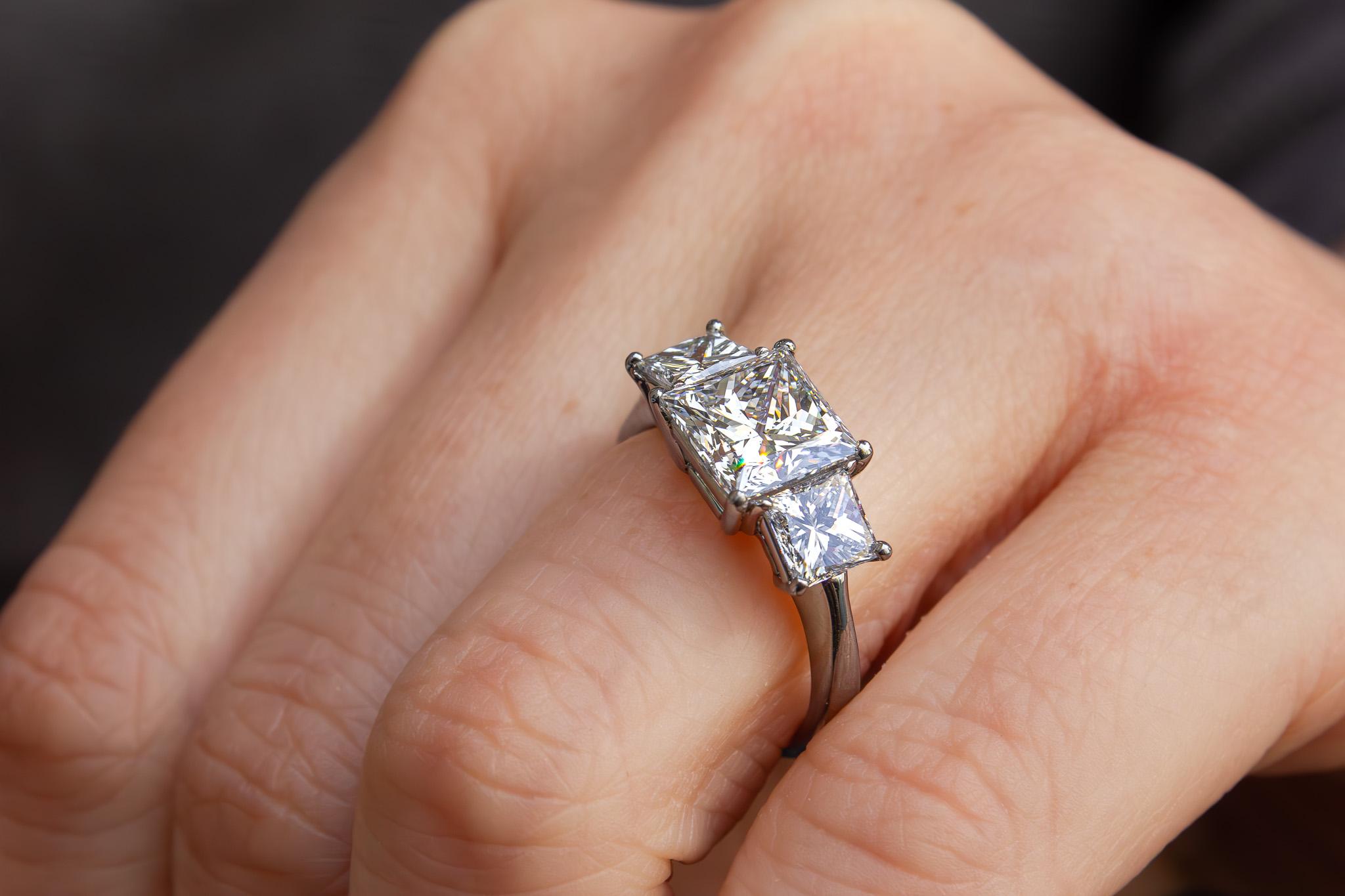 J. Birnbach GIA Certified 2.09 F SI1 Carat Princess Cut Diamond Three-Stone Ring For Sale 1
