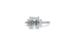 J. Birnbach GIA Certified 2.14 Carat F SI1 Emerald Cut Diamond Three-Stone Ring