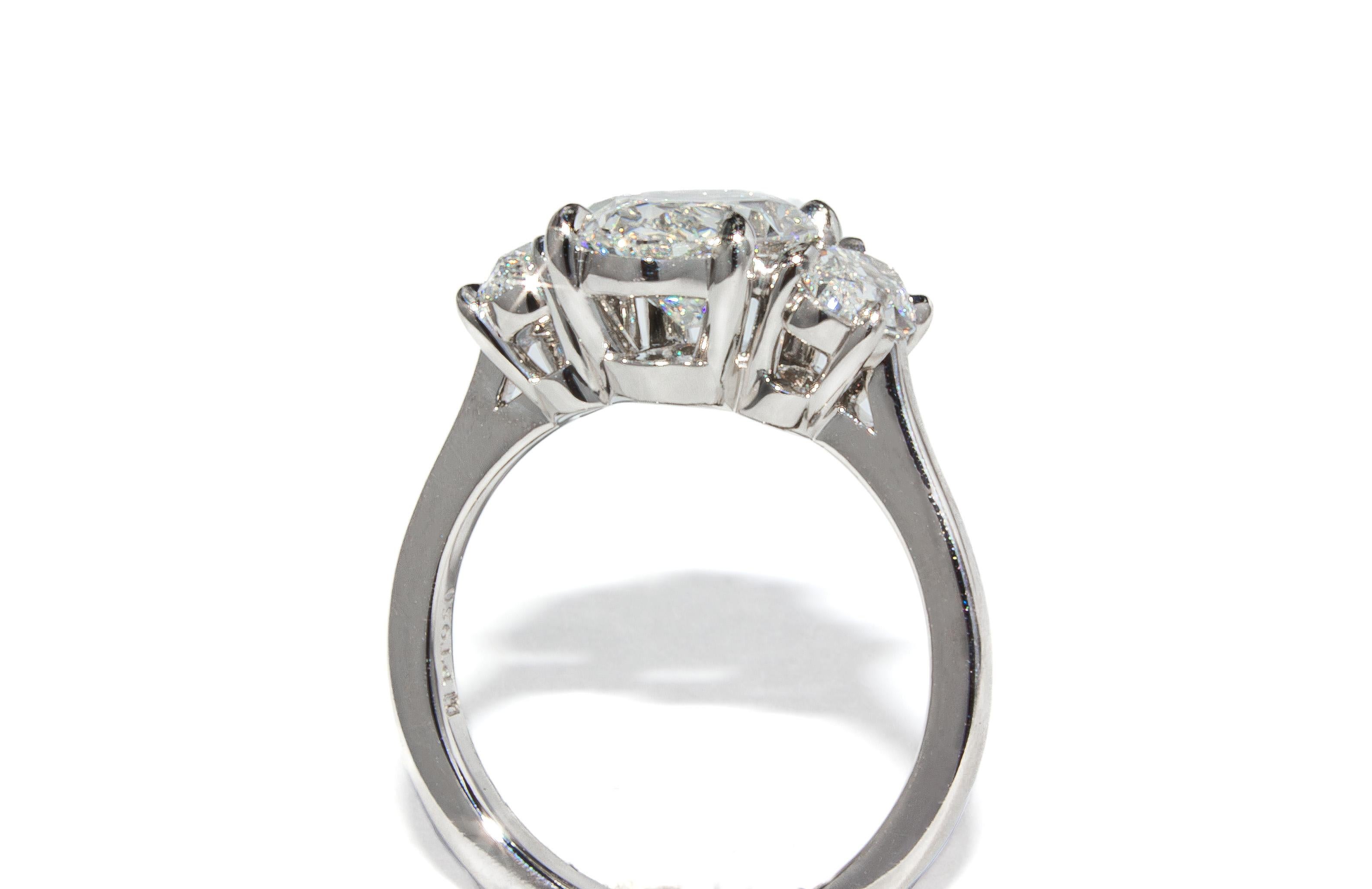 Oval Cut J. Birnbach GIA Certified 2.28 Carat G VS1 Oval Diamond Three-Stone Ring For Sale