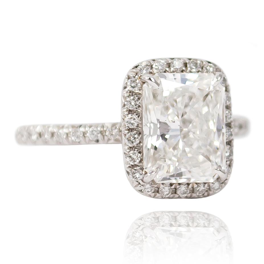 Radiant Cut J. Birnbach GIA Certified 2.40 Carat Radiant F SI1 Cellini Style Halo Ring