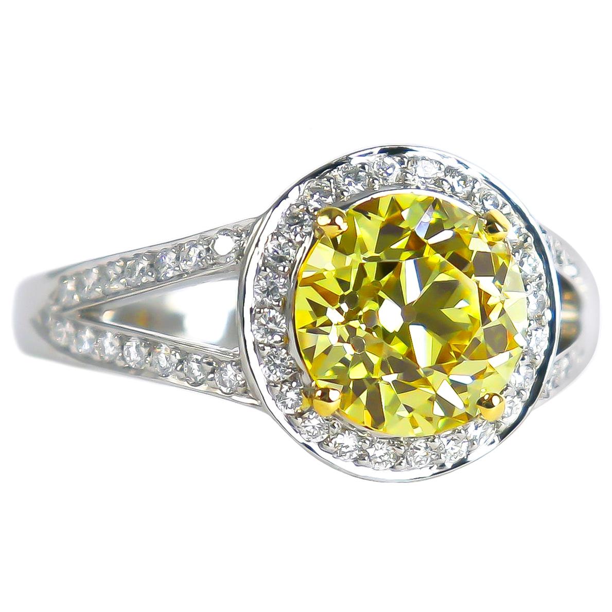 J. Birnbach GIA Certified 2.44 Carat Fancy Yellow Old European Cut Diamond Ring