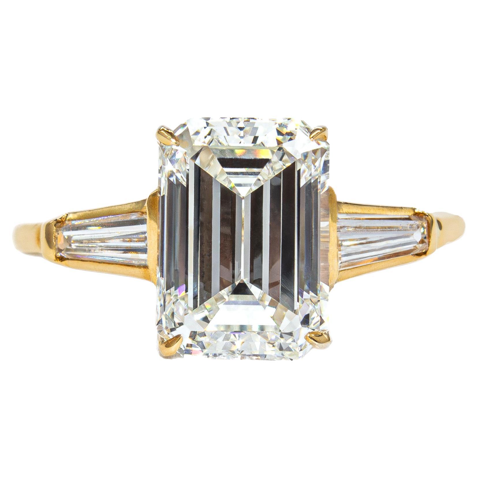 J. Birnbach GIA Certified 2.66 Carat J VS2 Emerald Cut Diamond Three-Stone Ring