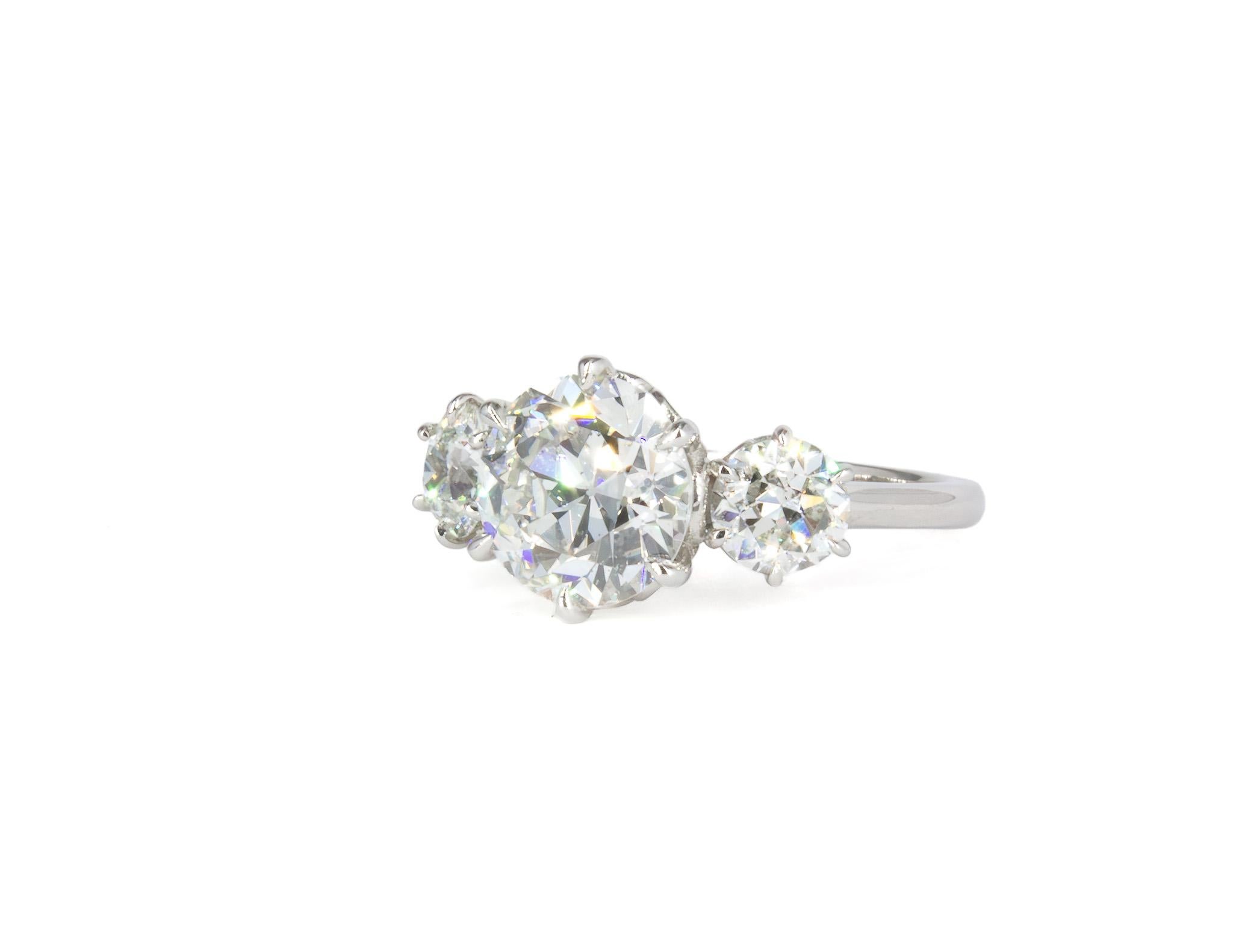 J. Birnbach, bague à trois pierres avec diamant européen ancien de 2,69 carats certifié GIA, I SI2 en vente 1