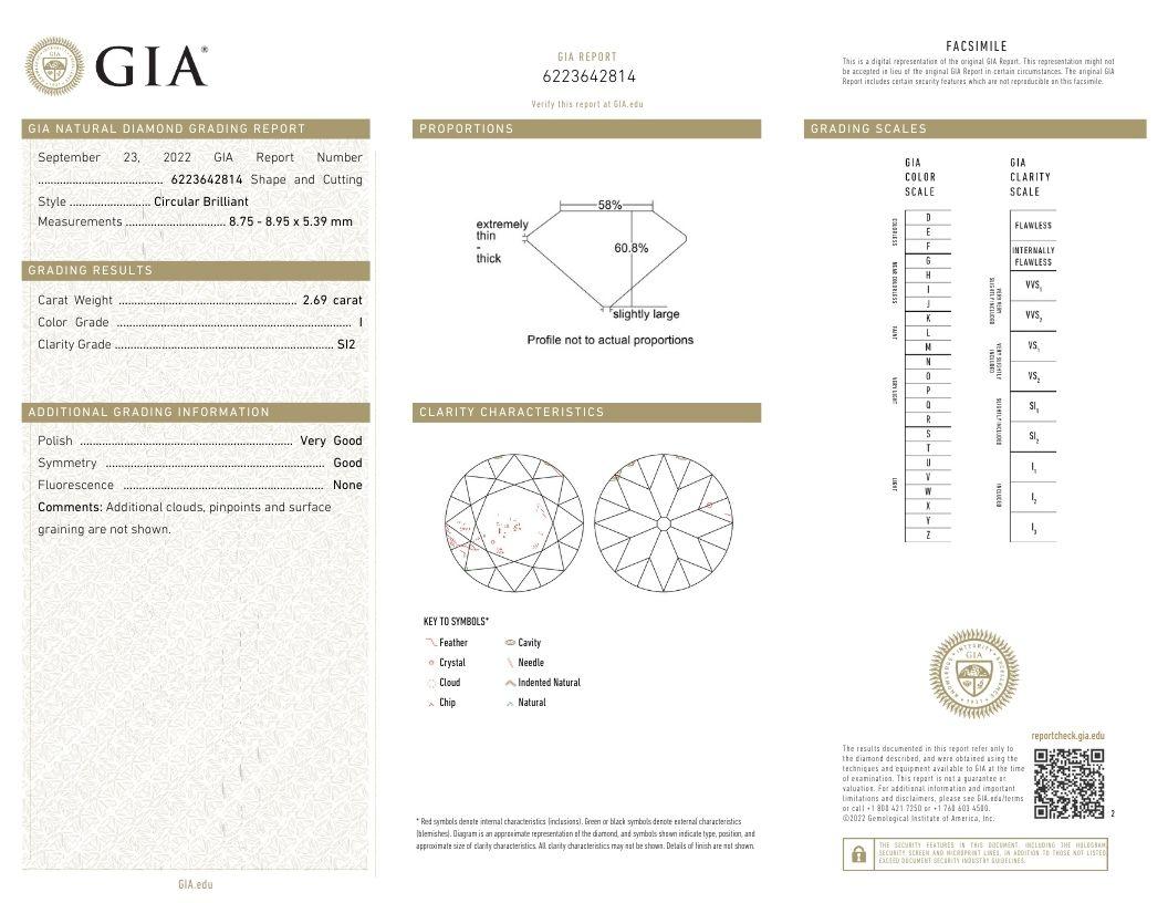 J. Birnbach, bague à trois pierres avec diamant européen ancien de 2,69 carats certifié GIA, I SI2 en vente 3