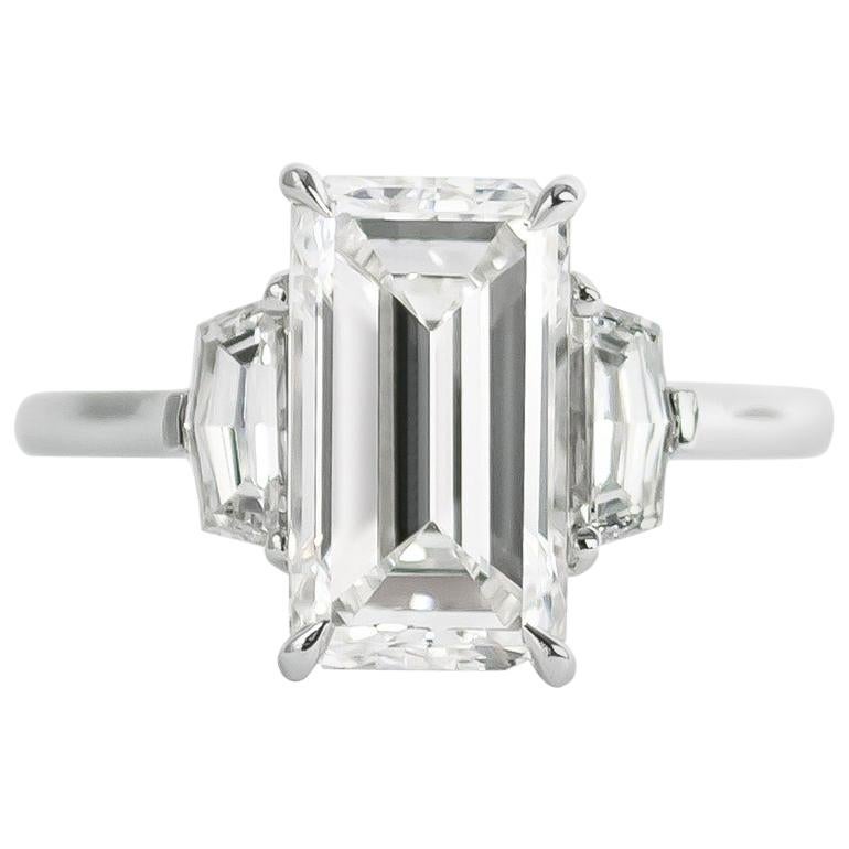 J. Birnbach GIA Certified 3.02 Carat G VS1 Emerald Cut Diamond Three-Stone Ring