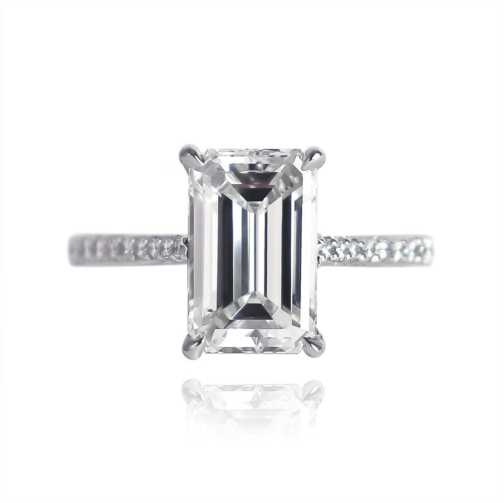 This breathtaking ring from the J. Birnbach workshop features a 3.01 carat Emerald cut diamond of D color and SI1 clarity... Set in a handmade, platinum ring with pavé details = .022 ctw, the combination of brilliant and step-cut diamonds is