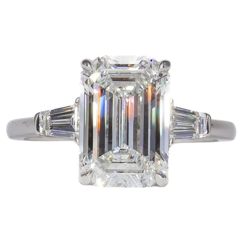J. Birnbach GIA Certified 3.03 Carat F VS2 Emerald Cut Diamond Three Stone Ring