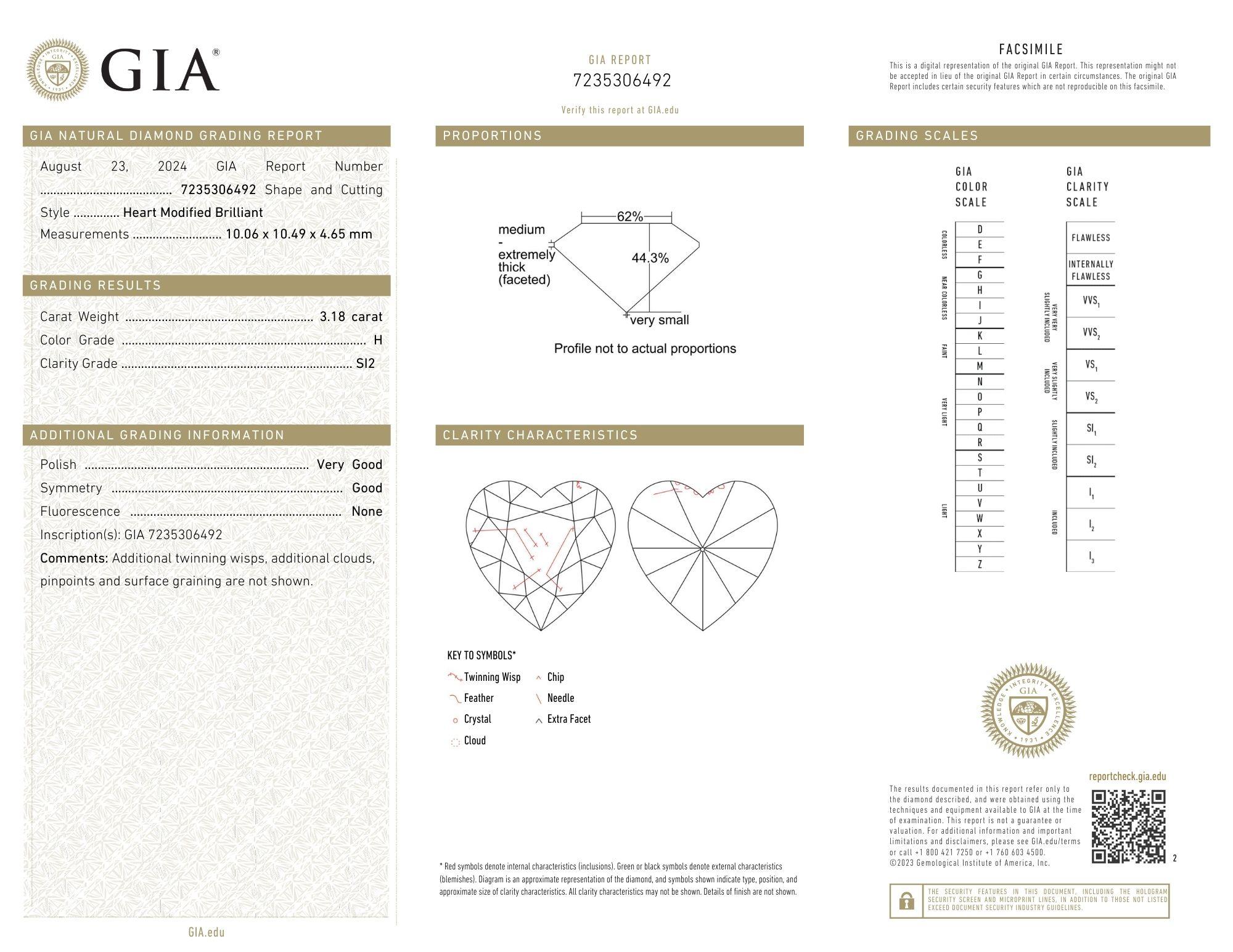 J. Birnbach GIA Certified 3.18 Carat H SI2 Heart Shape Diamond Pendant Necklace In New Condition For Sale In New York, NY