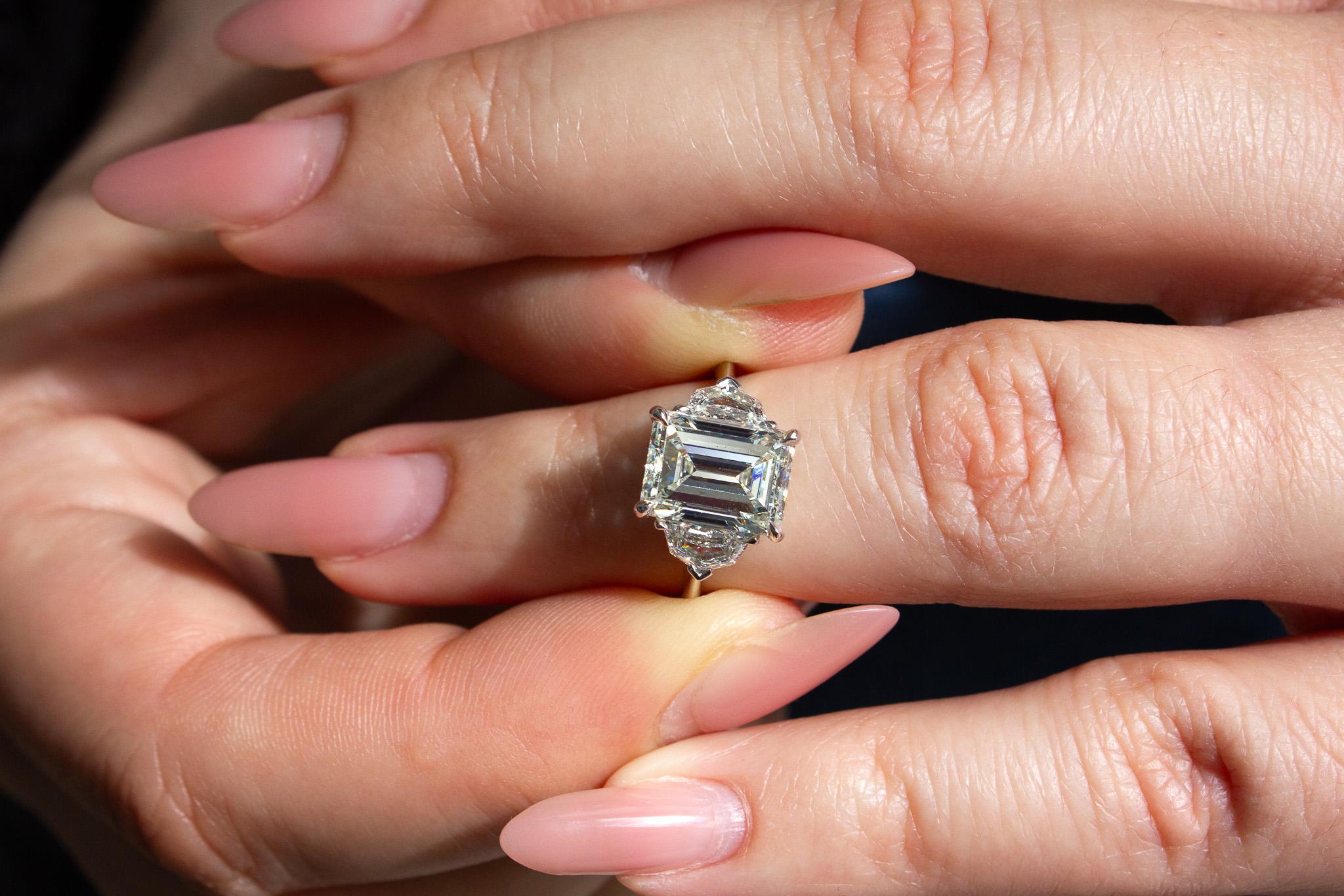 J. Birnbach GIA Certified 3.34 Carat Emerald Cut J SI1 Diamond Three-Stone Ring For Sale 1