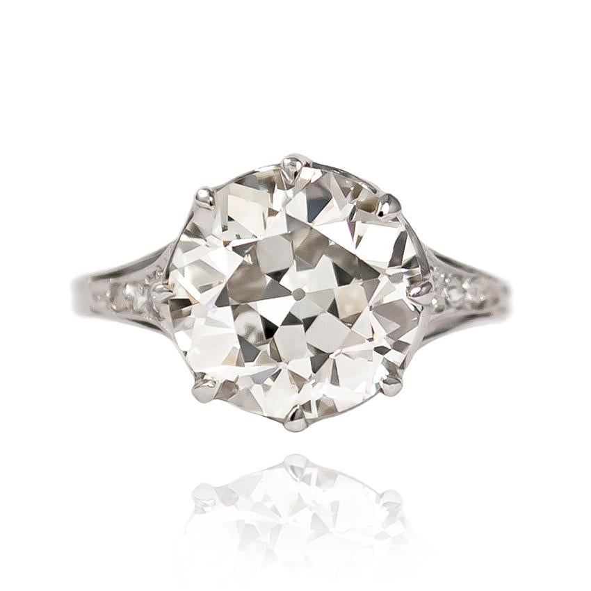 Breathtaking and charming in every way, this antique mounting features a 3.71 ct Old European cut diamond of L color and SI1 clarity. Set in a handmade, platinum filigree mounting, this is a once-in-a-lifetime ring... 

Purchase includes