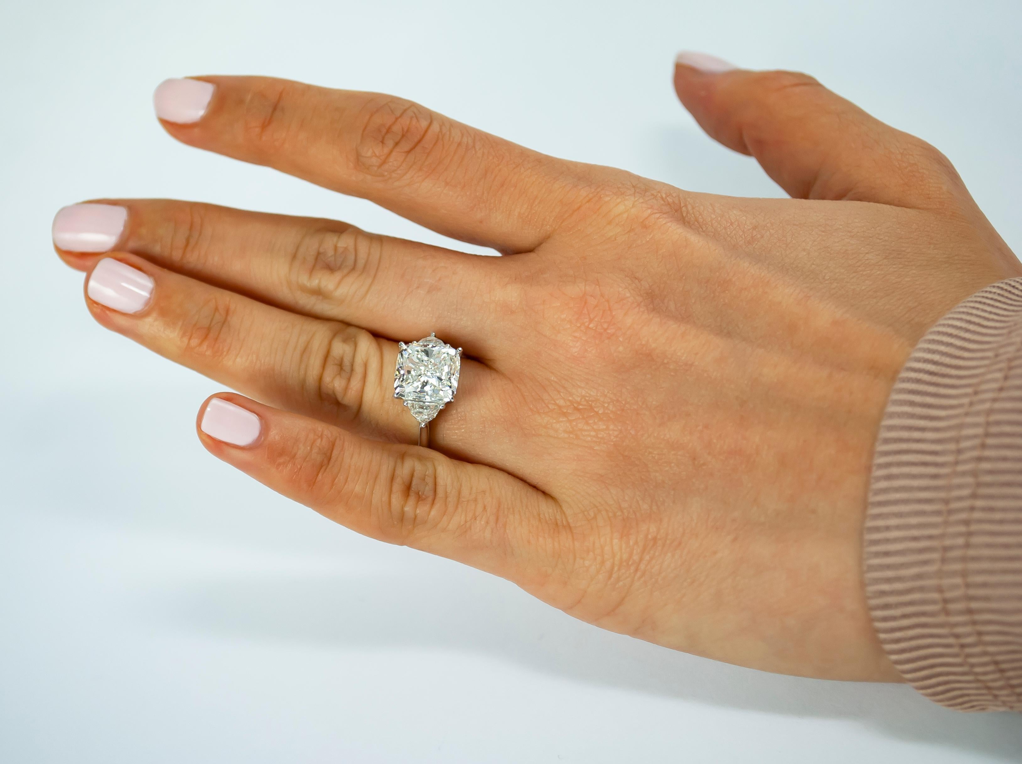 Contemporary J. Birnbach GIA Certified 4.02 Carat Cushion Three-Stone Ring