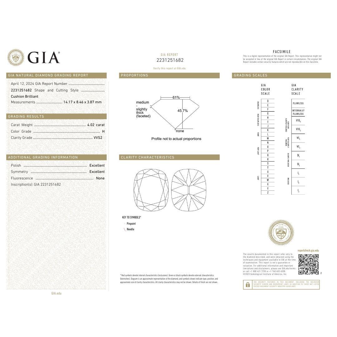 J. Birnbach GIA 4.02 H VVS2 Ashoka Style Cushion Diamond Engagement Ring For Sale 8