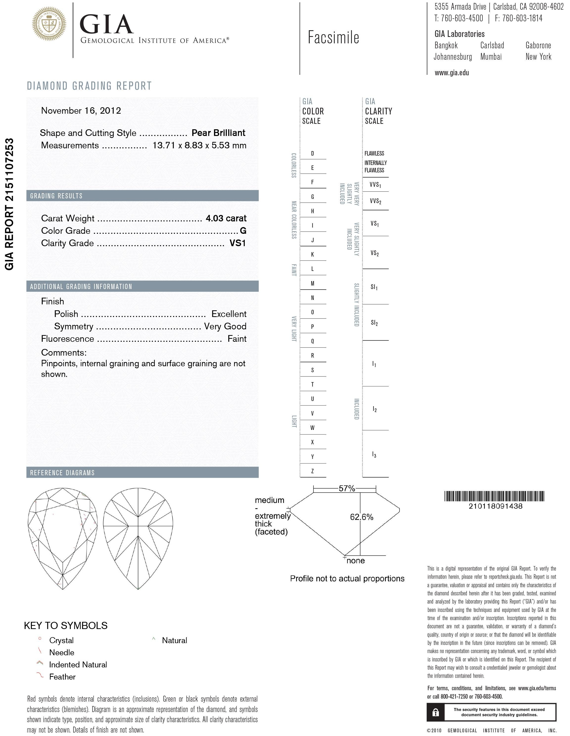 Pear Cut J. Birnbach GIA Certified 4.03 Carat G VS1 Pear Shape Diamond Engagement Ring For Sale