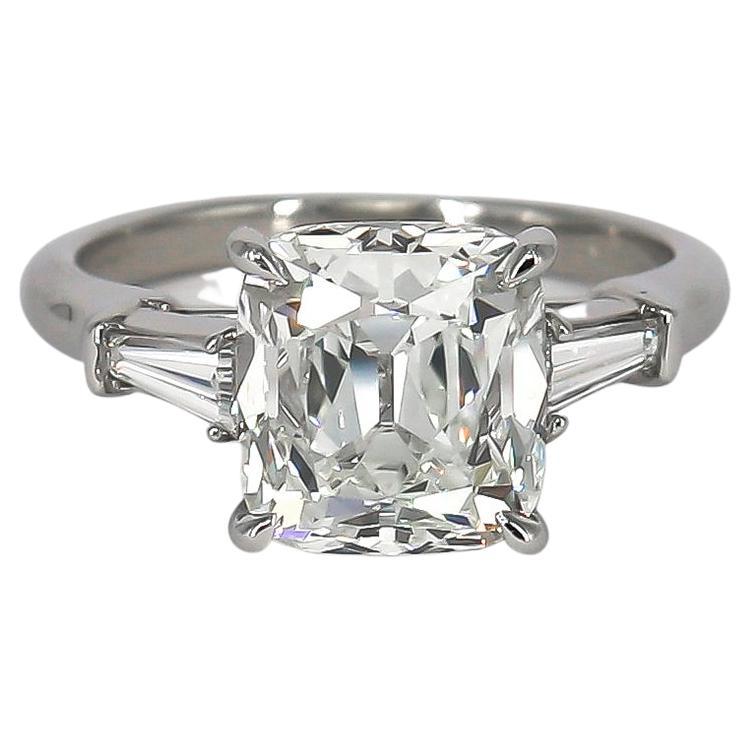J. Birnbach 4.08 ct Old Mine Cut Diamond Engagement Ring with Tapered Baguettes For Sale