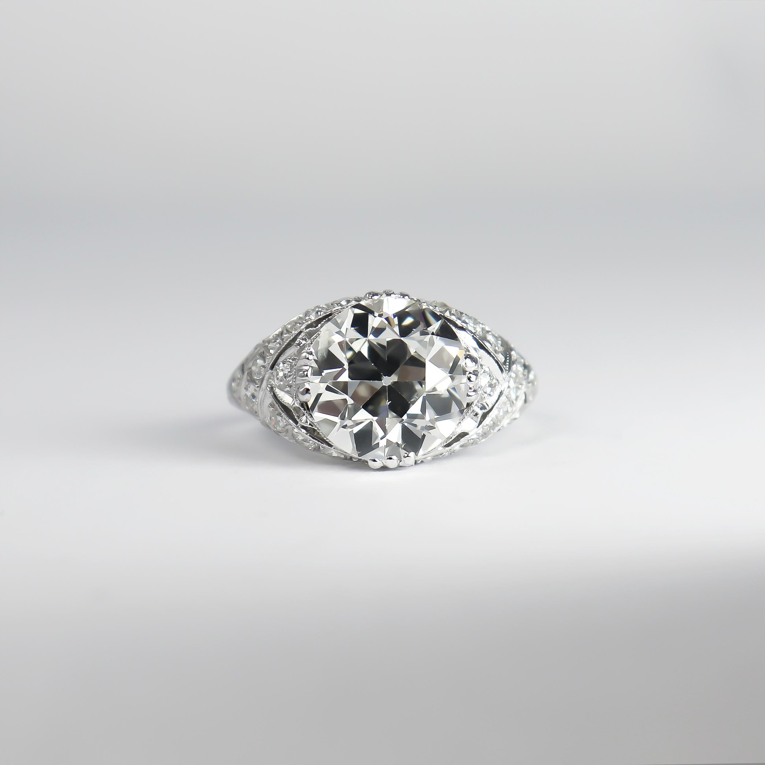 Art Deco J. Birnbach GIA Certified 4.14 Carat Old European Cut Diamond Platinum Ring