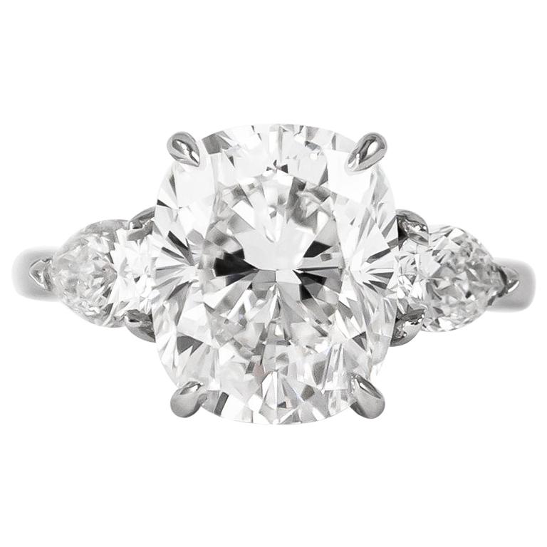 J. Birnbach GIA Certified 4.37 Carat E VS1 Cushion Cut Diamond Three-Stone Ring For Sale