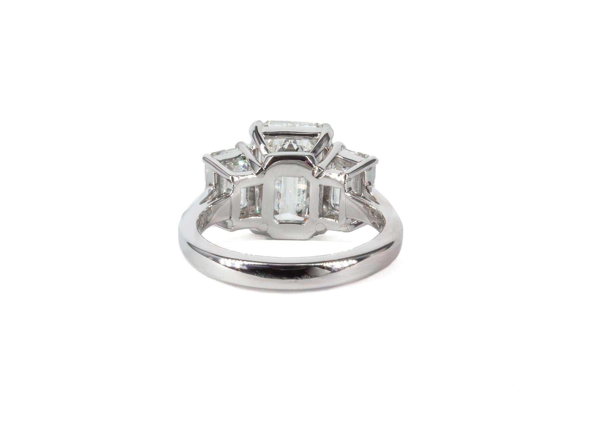 J. Birnbach GIA Certified 4.53 Carat Emerald Cut K VS2 Diamond Three-Stone Ring In New Condition For Sale In New York, NY