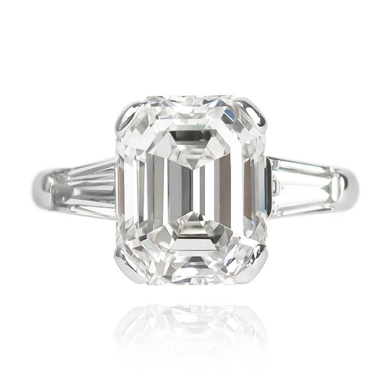 This breathtaking classic from the J. Birnbach vault features a GIA certified 4.57 ct Emerald cut diamond of I color and VVS2 clarity. Set in a handmade, platinum mounting with tapered baguettes = 0.60 ctw, this ring is mesmerizing from every angle!