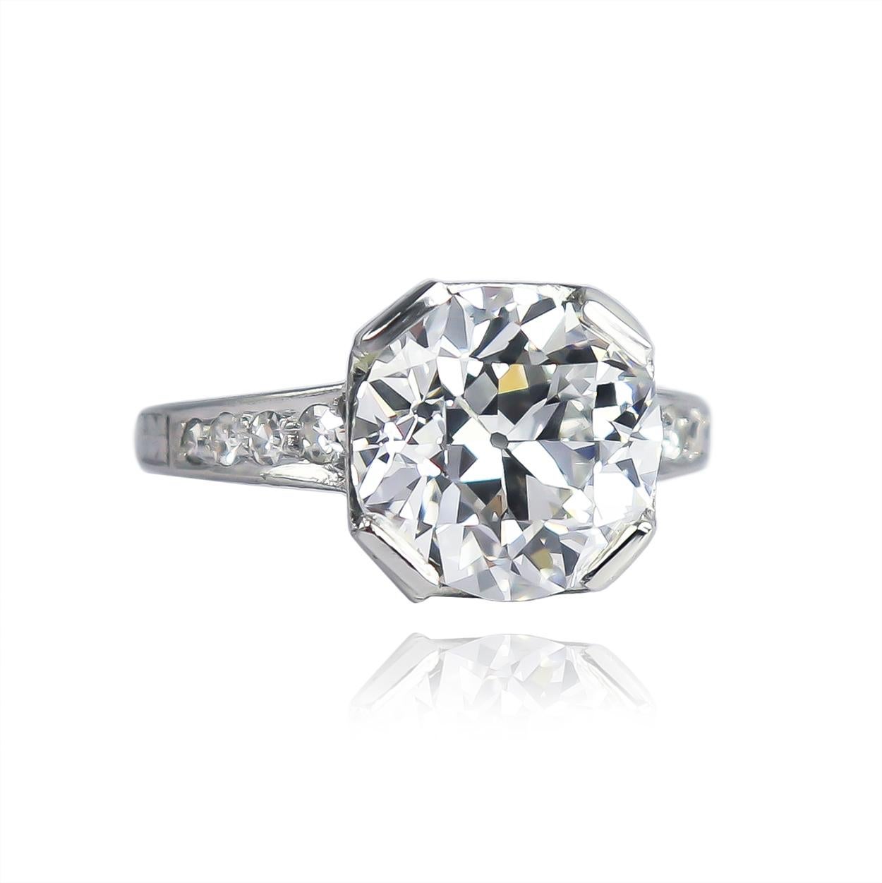 This incredible vintage ring from the J. Birnbach collection features a GIA certified 4.68 carat Old European cut diamond of E color and VS2 clarity... Set in a platinum, vintage ring with assorted single-cut diamonds, this piece is charming and