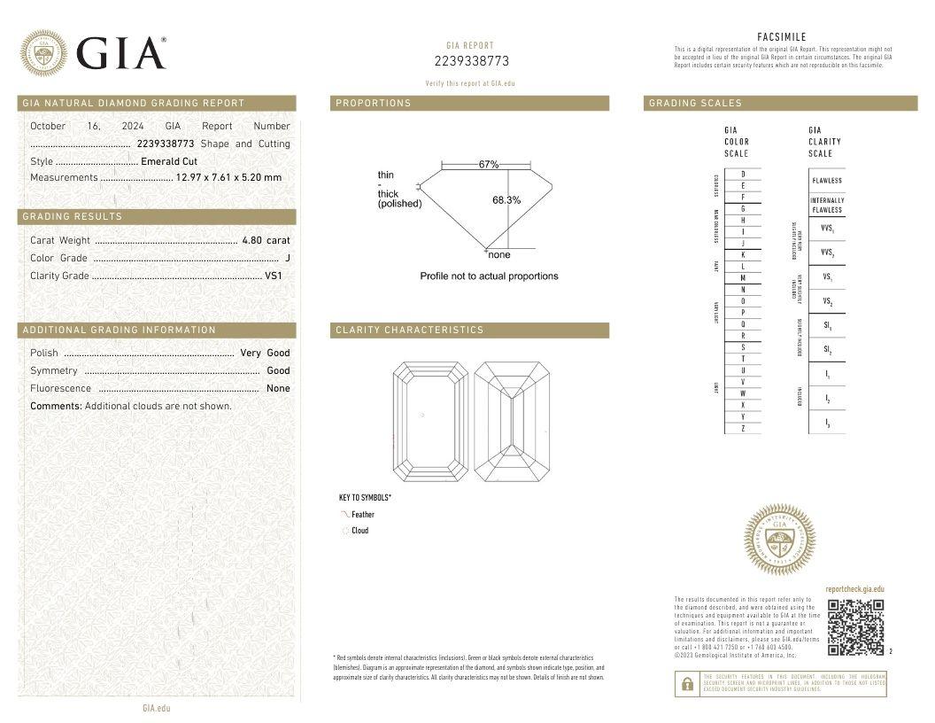 J. Birnbach, bague à trois pierres avec diamants taille émeraude de 4,80 carats certifié GIA J VS2 en vente 3