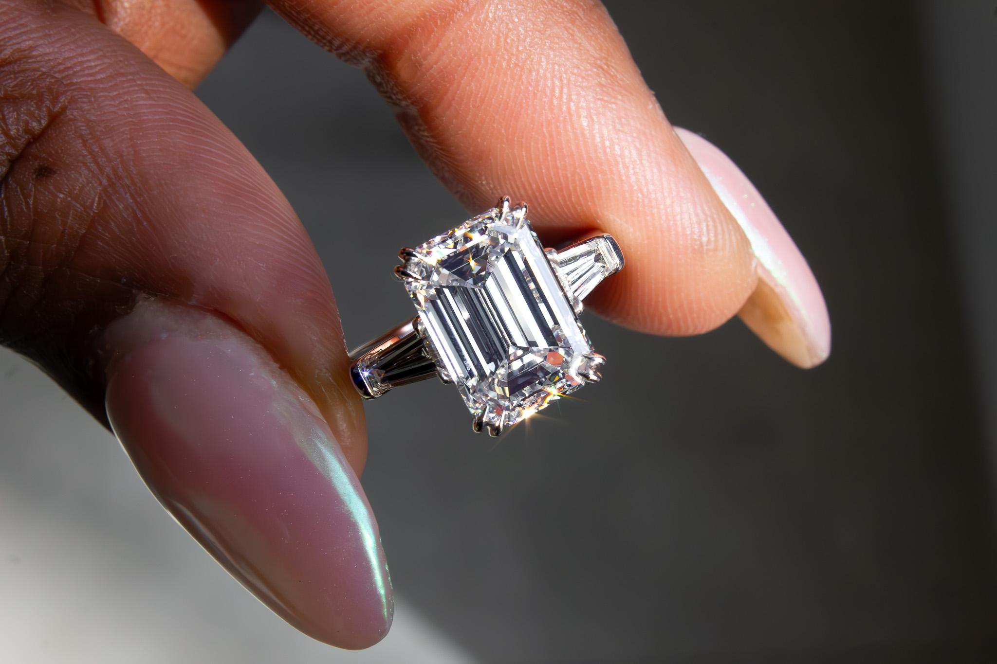 Women's or Men's J. Birnbach GIA Certified 5.03 Carat Emerald Cut Diamond Three-Stone Ring For Sale
